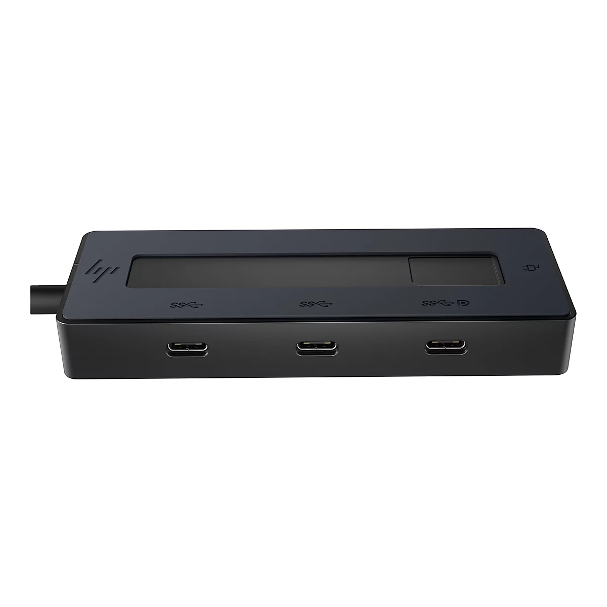 Schwarzer USB-C-Hub mit drei AnschlÃ¼ssen. Oben ein Display mit HP-Logo. Auf der Front Ports mit Symbolen beschriftet.