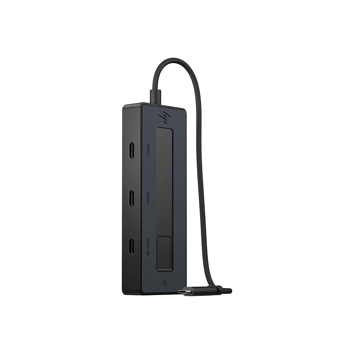 Schwarzer HP USB-C Hub, Kabel angeschlossen. Drei Ports, kleines Display, HP Logo oben.