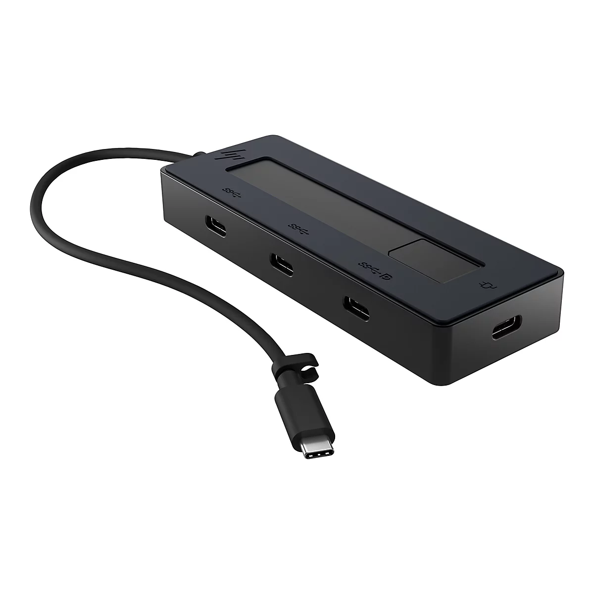 Schwarzer USB-C Hub mit diversen AnschlÃ¼ssen. Kabel mit USB-C Stecker. Aufschrift: 'INPUT' und weitere Symbole.