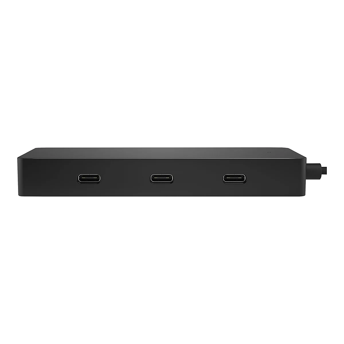 Schwarzer USB-C-Hub mit drei AnschlÃ¼ssen. An der Seite ein weiterer Anschluss.