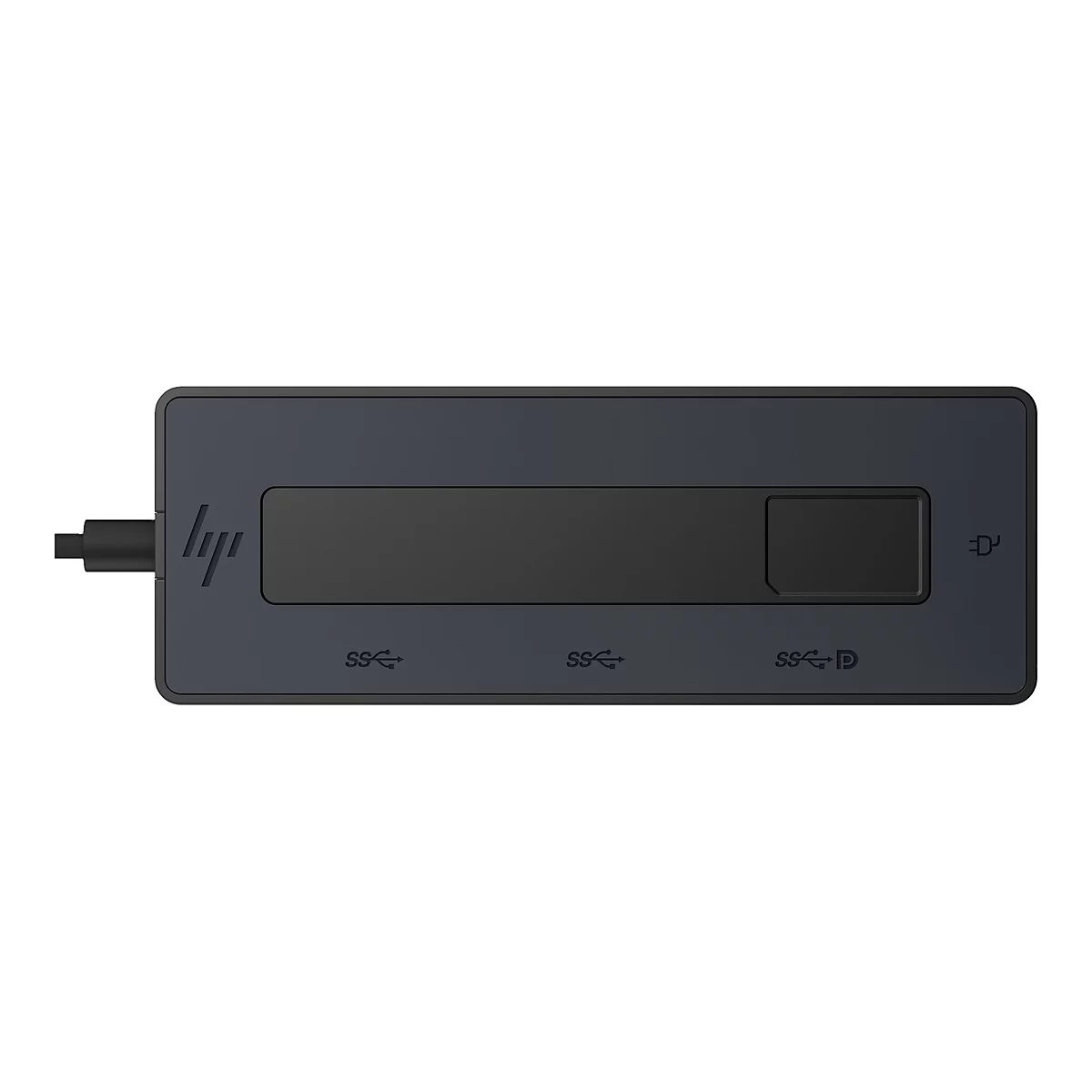 Schwarzes HP-Dock mit USB-C-Kabel. Das Dock hat eine lange, dunkle Aussparung und USB-AnschlÃ¼sse.