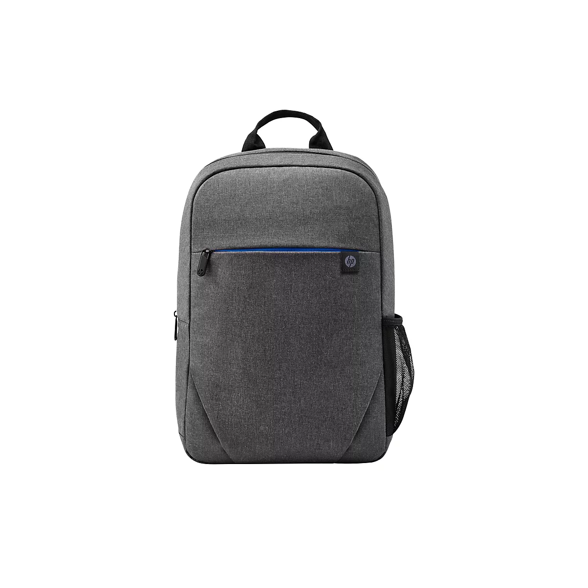 Grauer Rucksack mit blauer Reißverschluss- und HP-Logo.