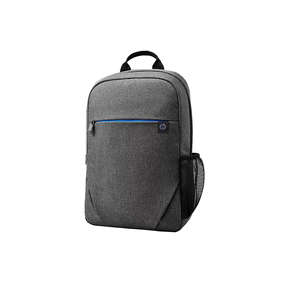 Ein grauer HP-Rucksack vor weißem Hintergrund. Er hat einen schwarzen Griff, eine blaue Reißverschlusslinie und ein HP-Logo.