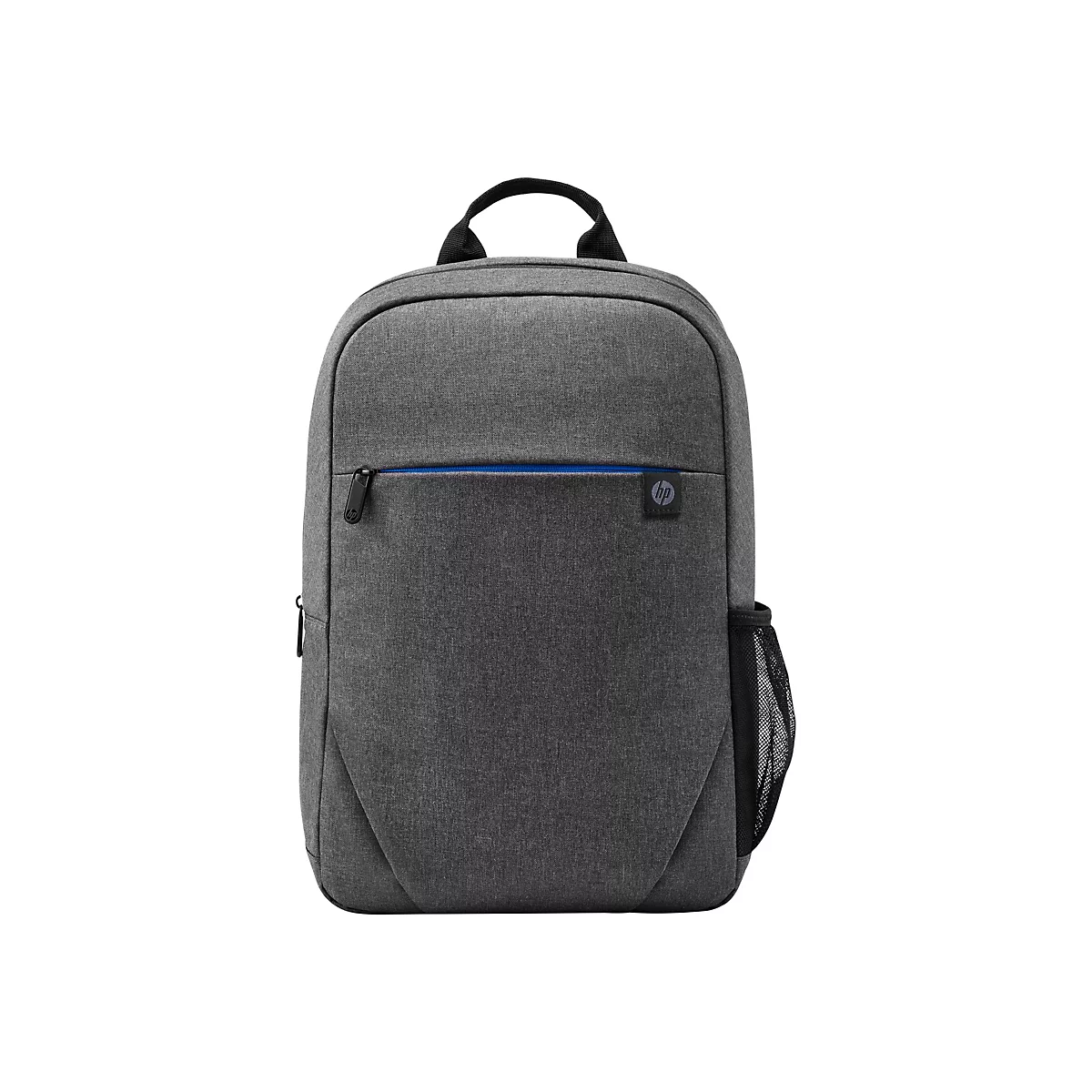 Grauer HP Rucksack vor weißem Hintergrund. Mit blauem Reißverschluss, schwarzem Griff und HP Logo.