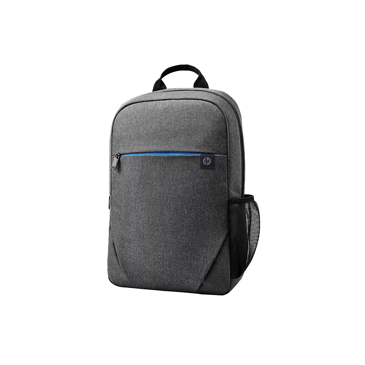 Grauer Rucksack mit blauem Reißverschluss und HP Logo.