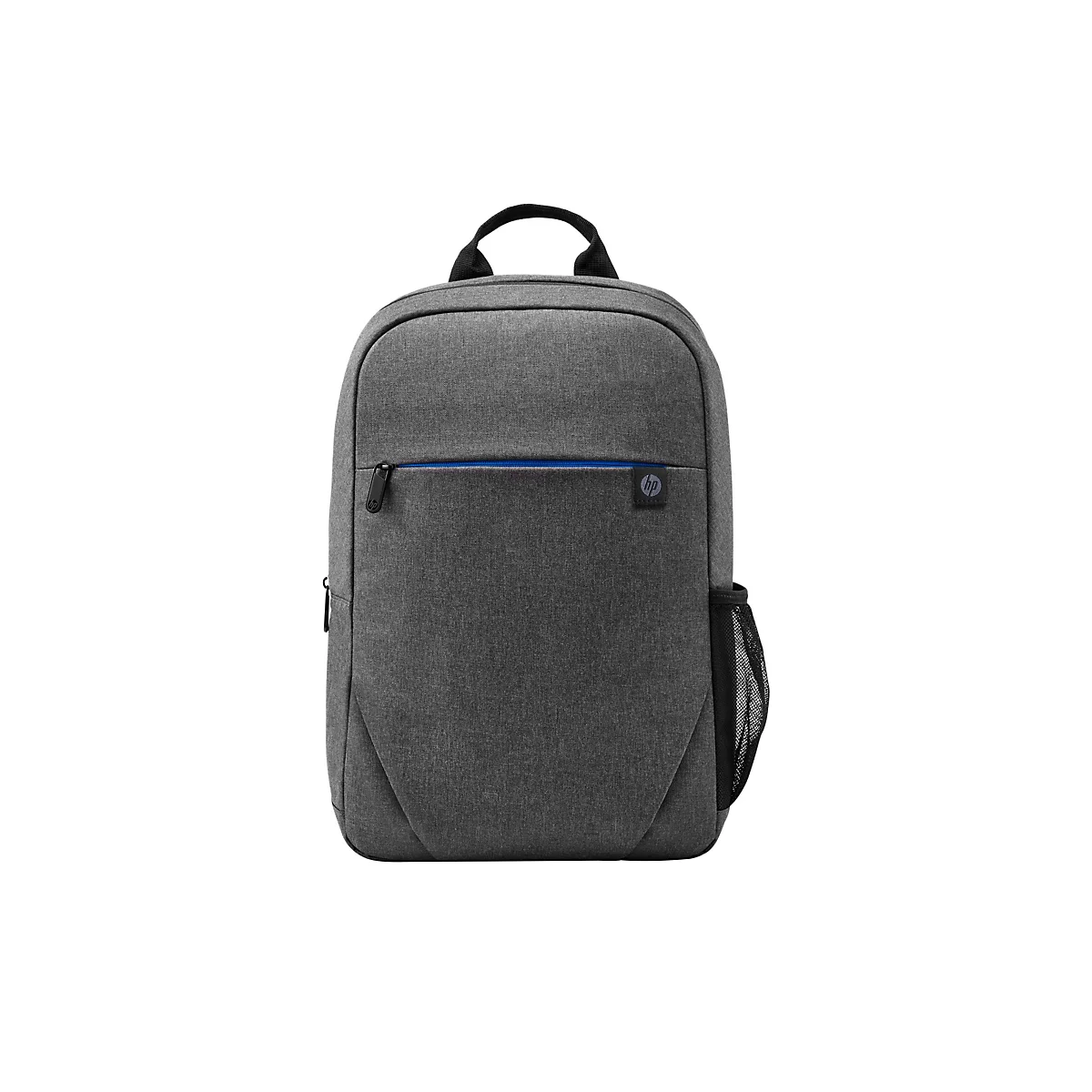 Grauer Rucksack mit schwarzem Griff, Reißverschlüssen und blauem Akzent. HP Logo sichtbar.