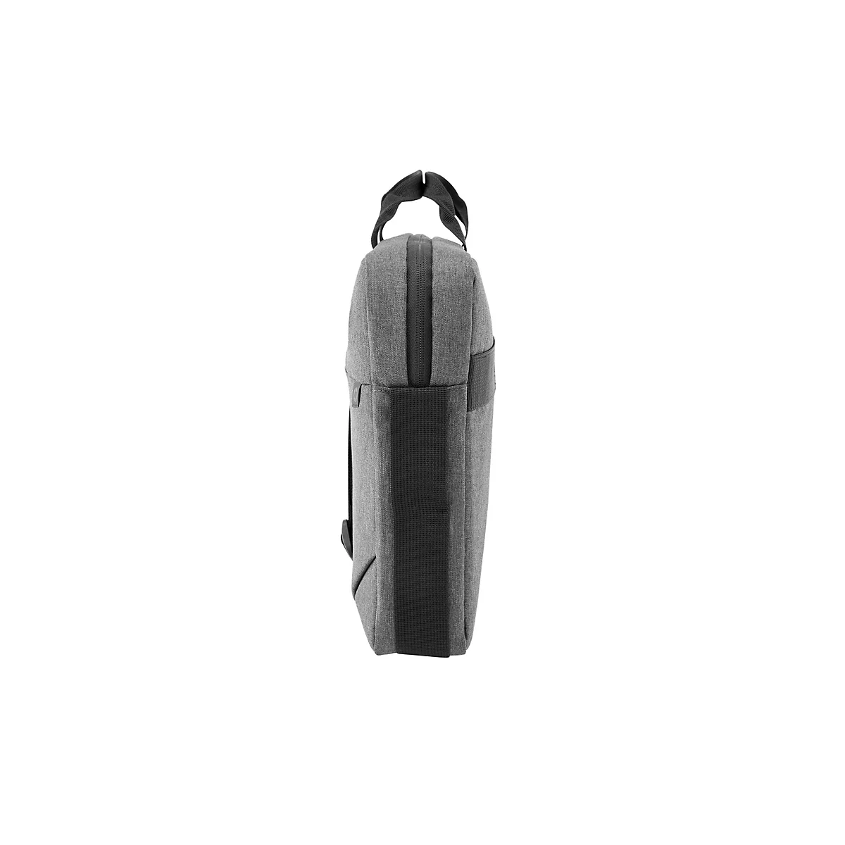 Graue Laptoptasche im Profil, mit Tragegriffen und Reißverschluss. Auf weißem Hintergrund.