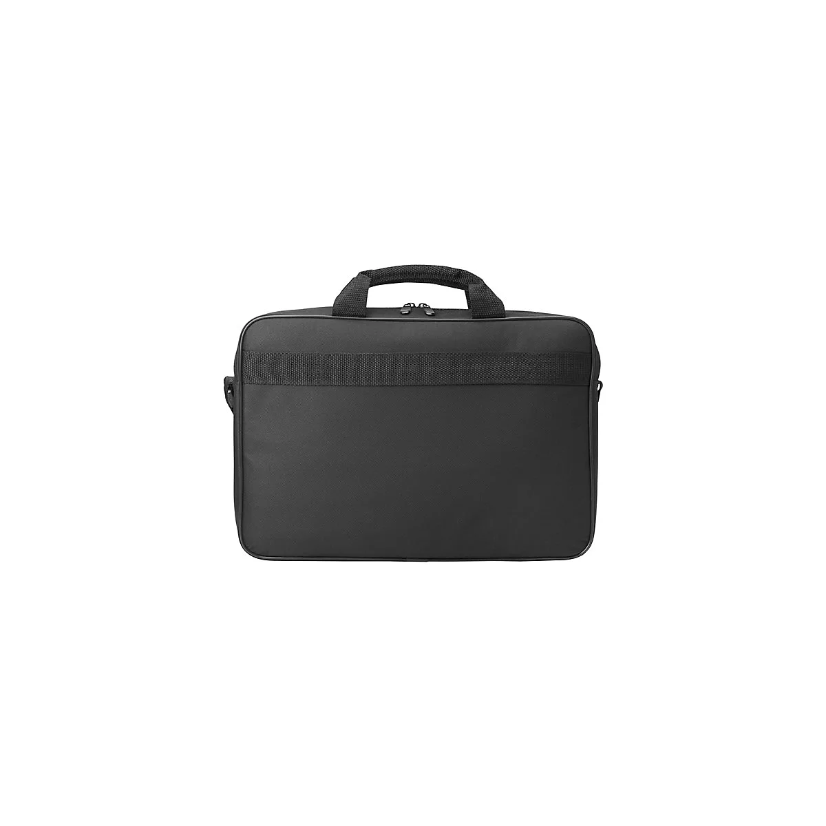 Schwarze Laptoptasche mit Griff und Schultergurt.