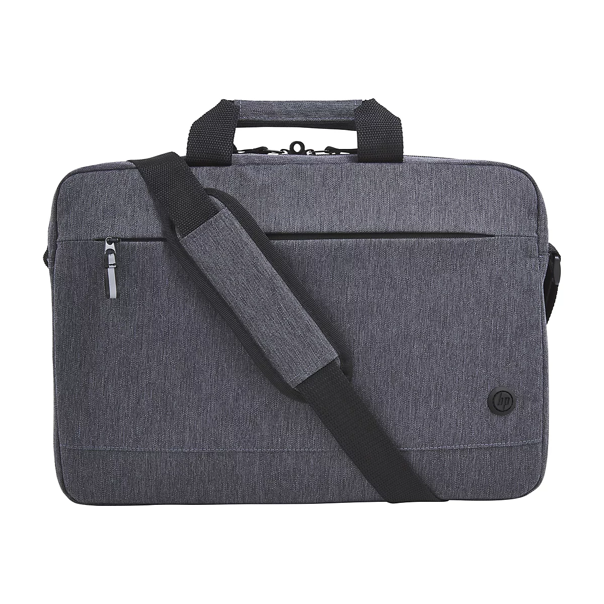 Graue Laptoptasche mit Tragegriff und Schulterriemen, Reißverschluss und HP-Logo. Der Hintergrund ist weiß.