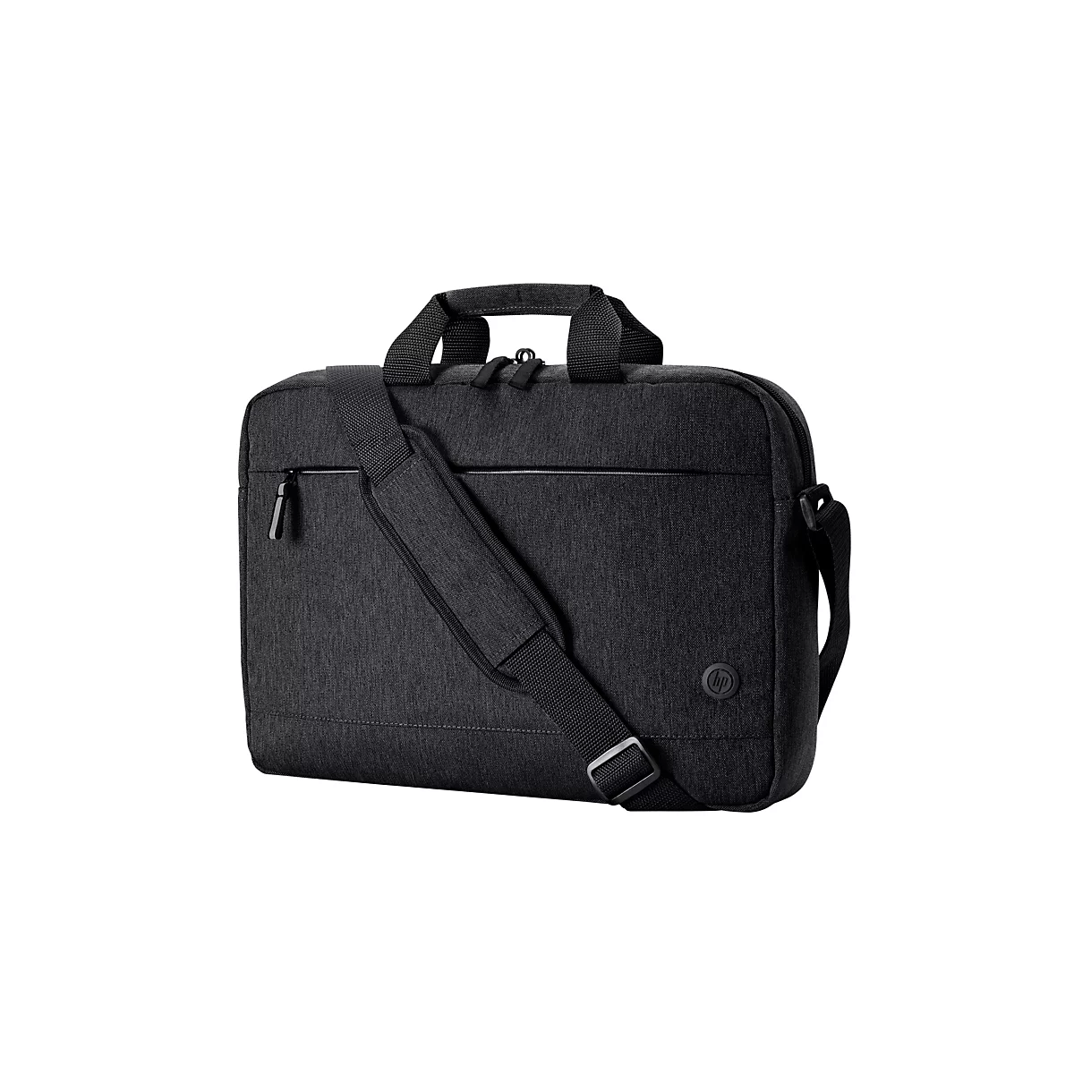 Schwarze HP Laptoptasche mit Schulterriemen und Tragegriff. Der Hintergrund ist weiß.