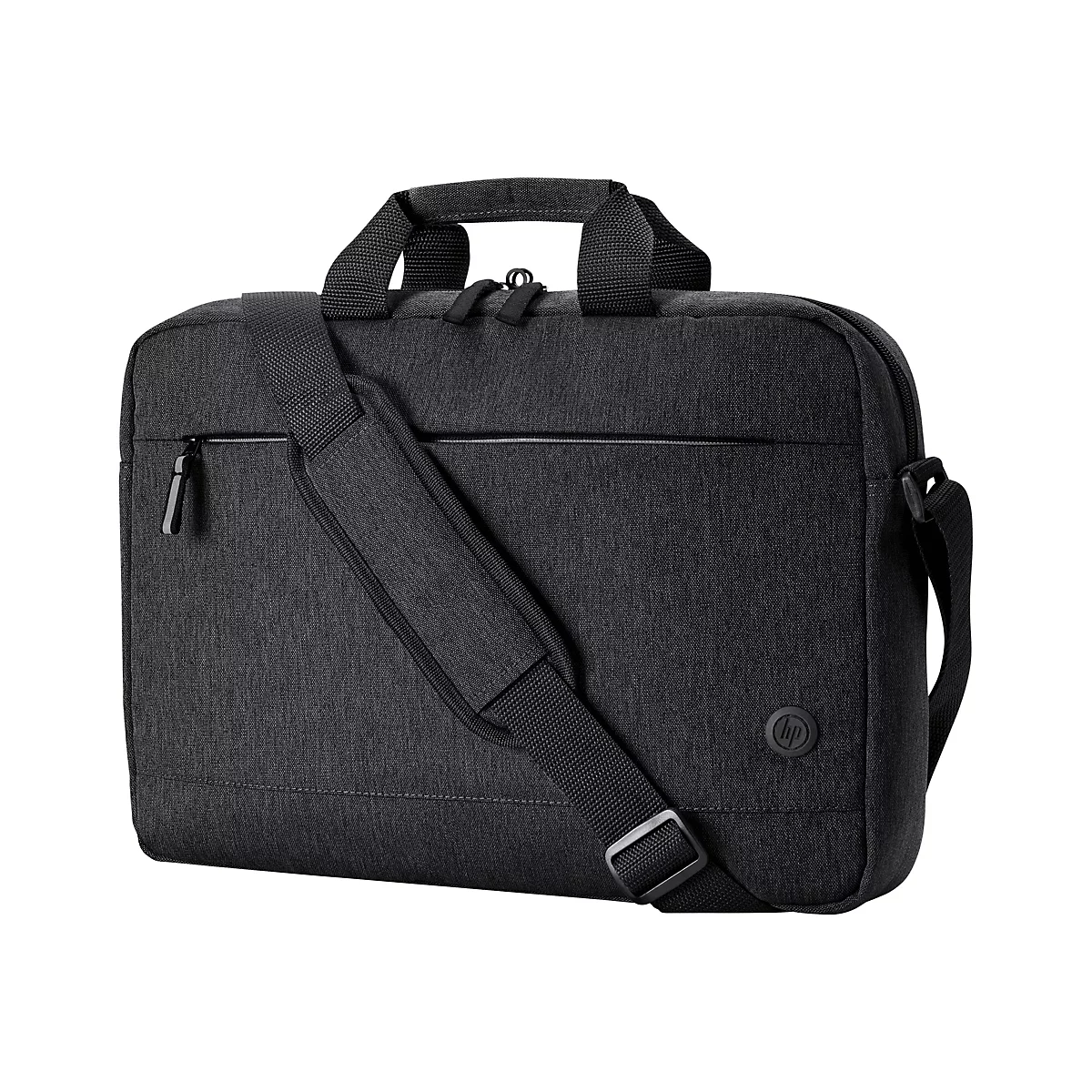 Dunkelgraue HP Laptoptasche mit Henkel und Schulterriemen. Auf der Tasche ist das HP Logo zu sehen.