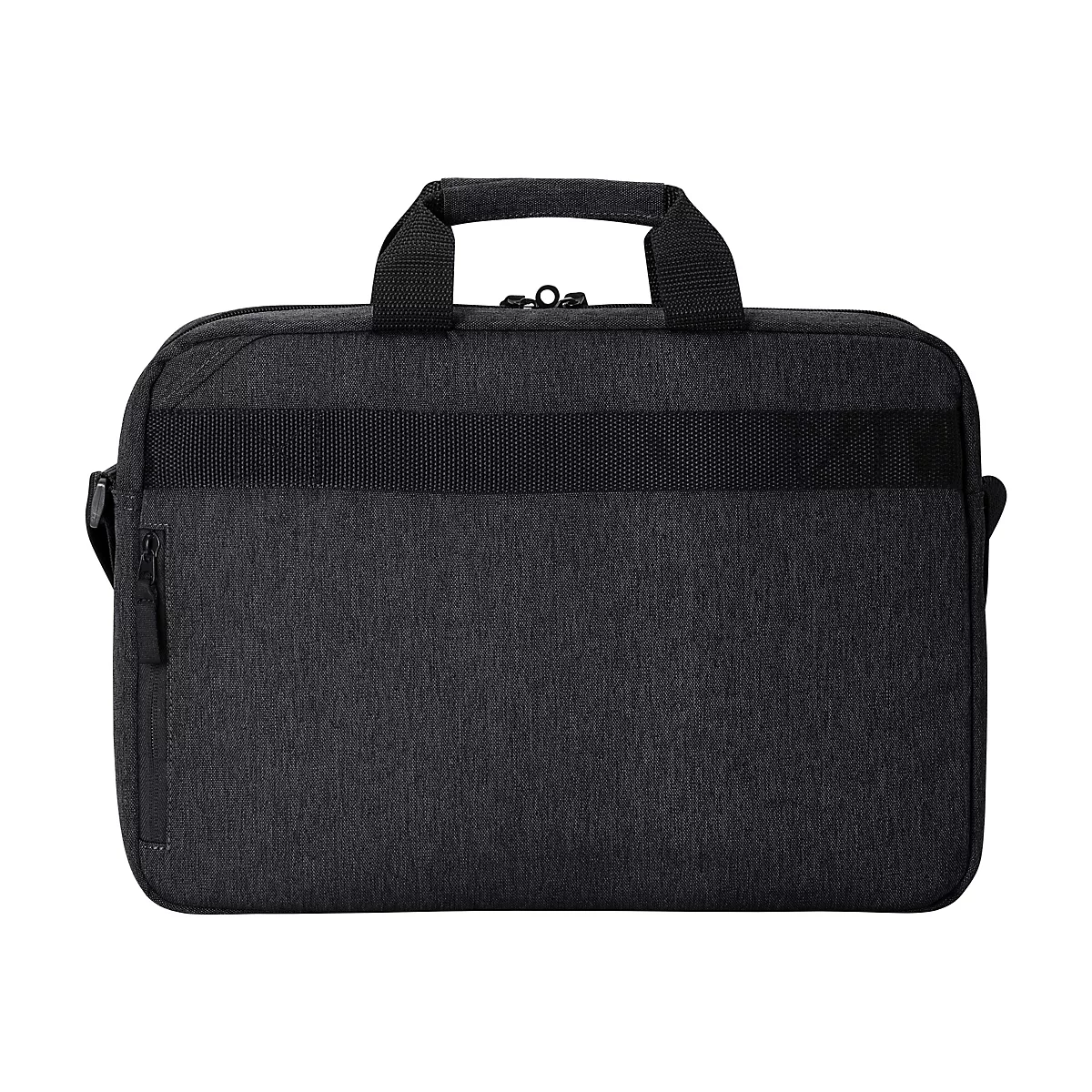 Schwarze Laptoptasche mit Tragegriff und Schultergurt.