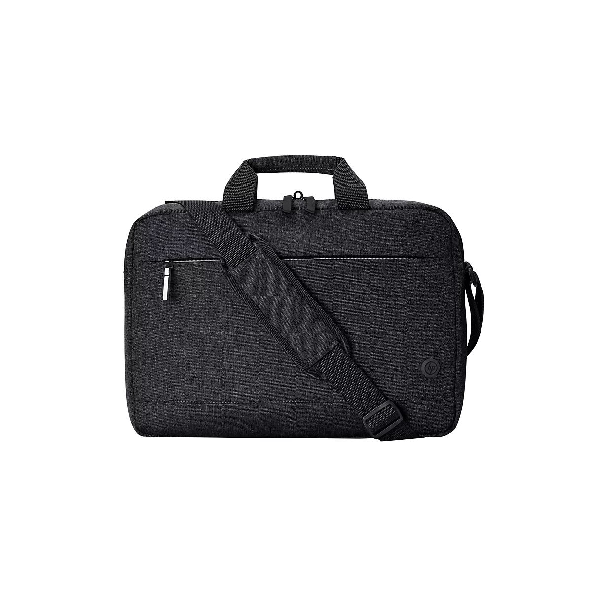 Schwarze Laptoptasche mit Schulterriemen und Griff, weißer Hintergrund. Reißverschlüsse und ein HP-Logo sind sichtbar.