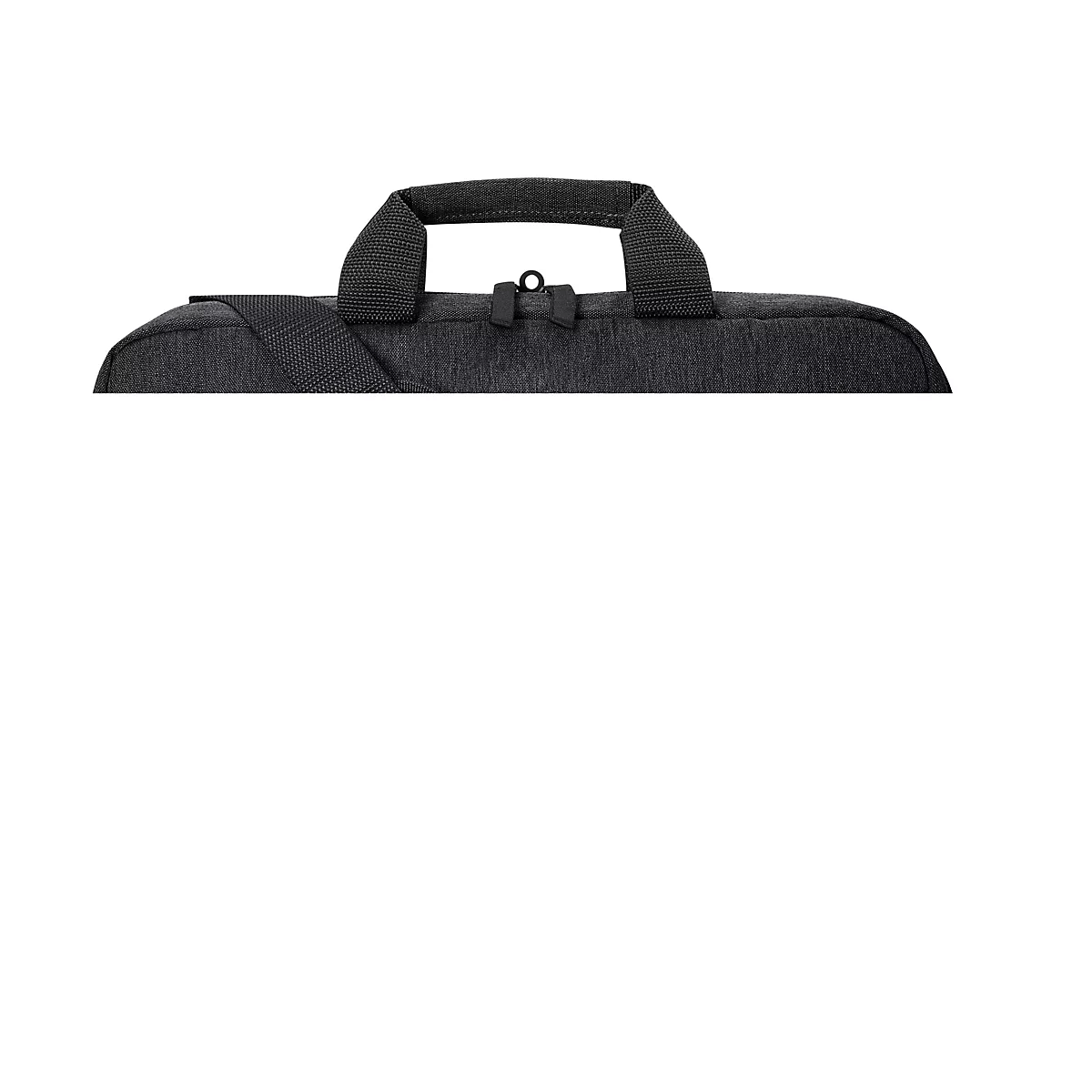 Detailaufnahme einer schwarzen, strukturierten Laptop-Tasche mit Griffen und Reißverschluss.