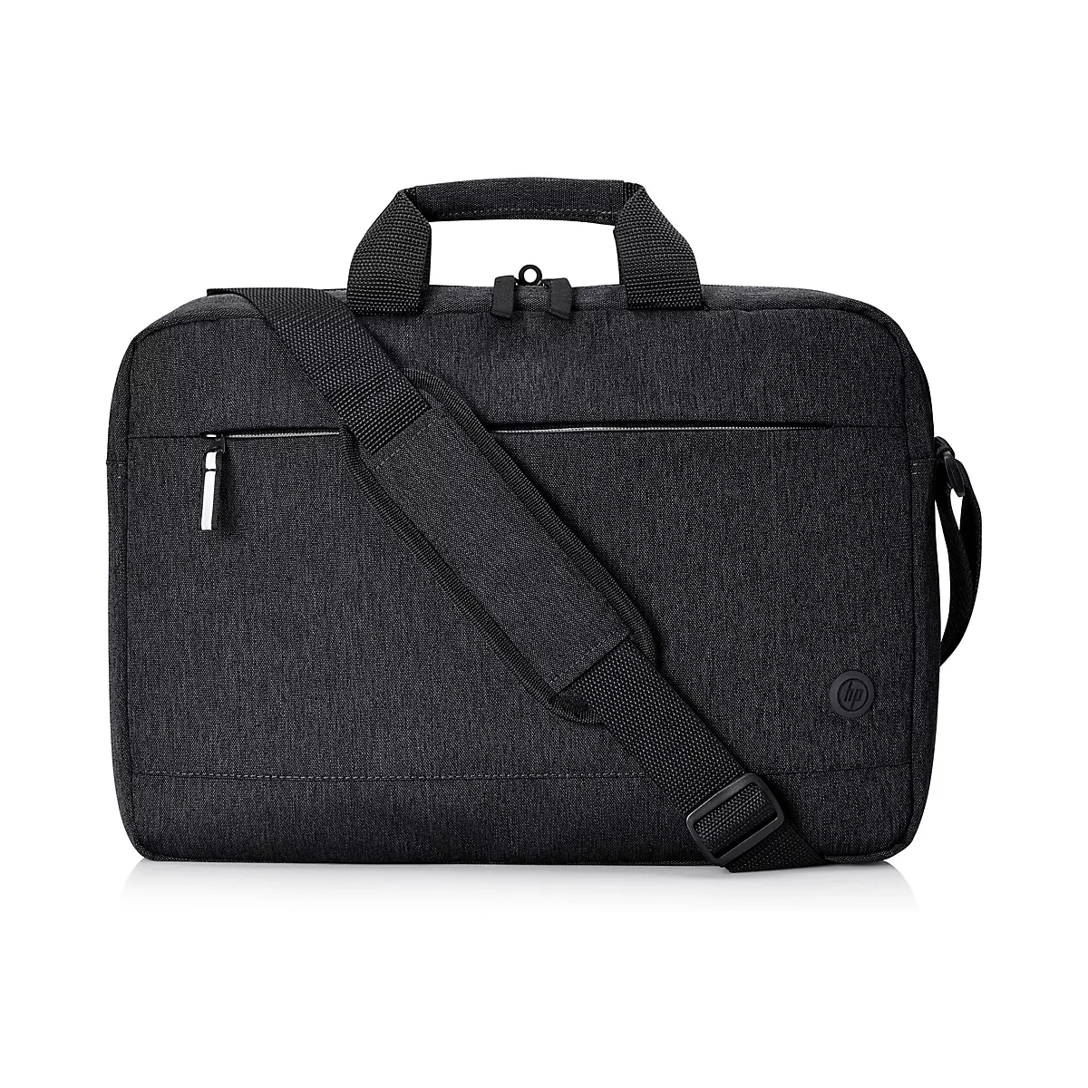 Schwarze HP Laptoptasche mit Schulterriemen, Tragegriff und Reißverschlüssen, vor weißem Hintergrund.