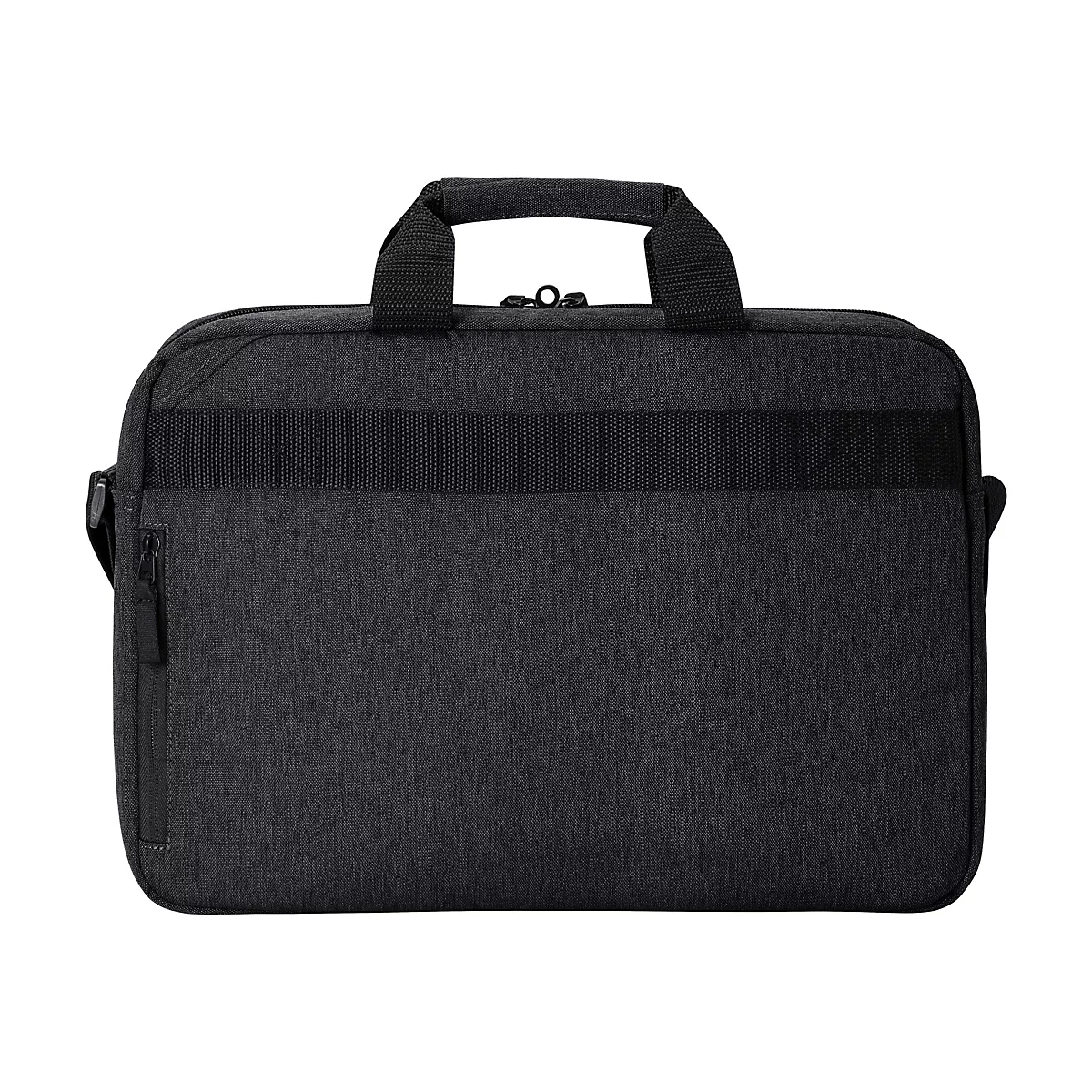 Schwarze Laptoptasche, vorne mit Reißverschluss, Griff oben.