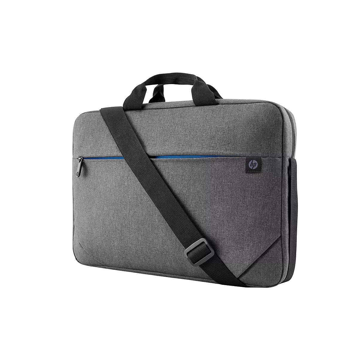 Graue Laptoptasche mit Tragegriff und Schultergurt. Blaue Reißverschlussdetails und HP Logo.