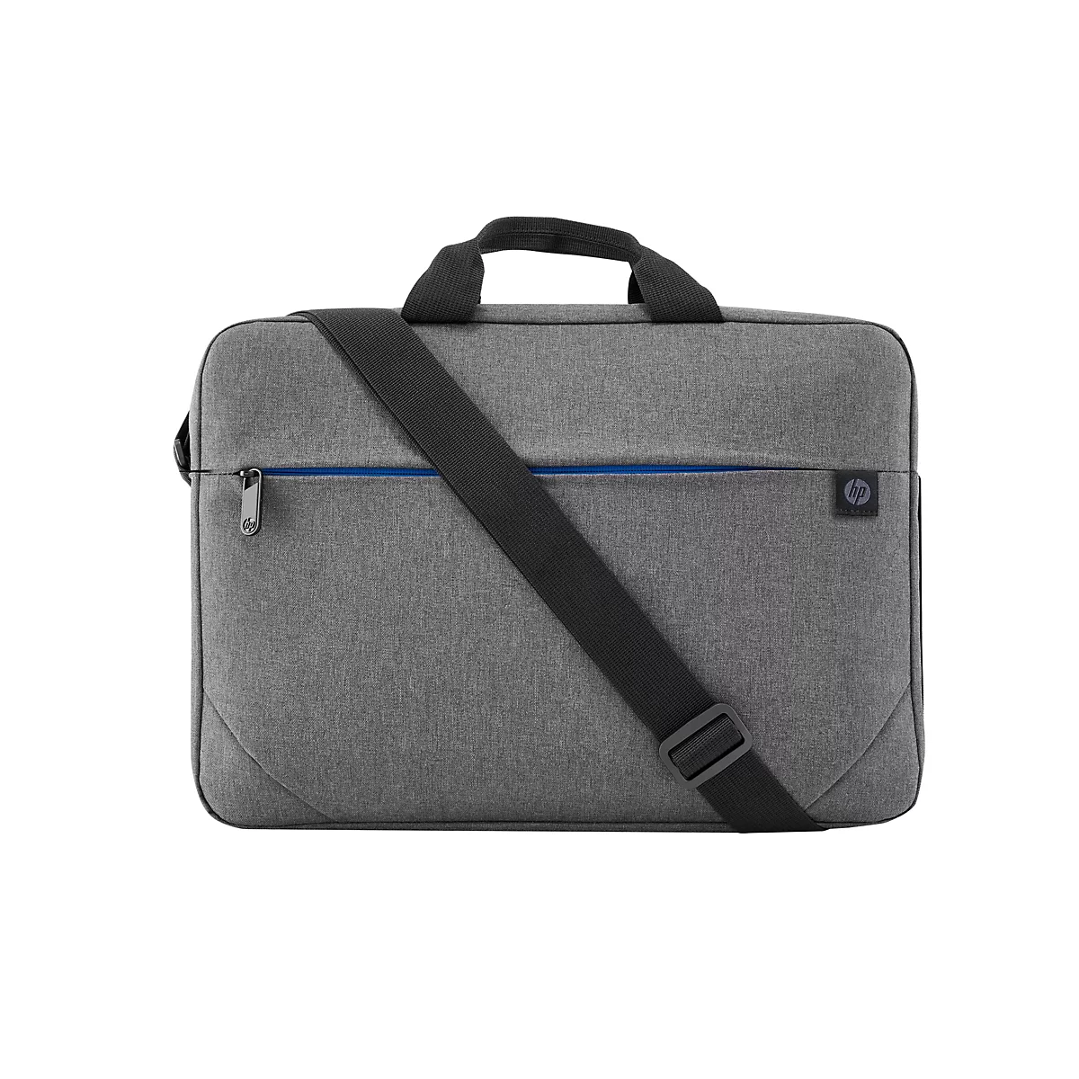 Graue Laptoptasche mit Tragegriff und Schulterriemen, blauem Reißverschluss und HP-Logo.