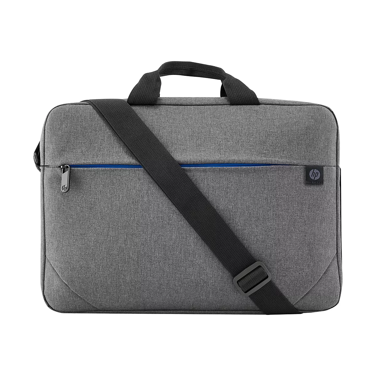 Graue Laptoptasche mit Tragegriff und Schultergurt. Auf der Tasche sind Logos der Marke HP angebracht. Die Tasche hat eine blaue Linie und einen Reißverschluss.