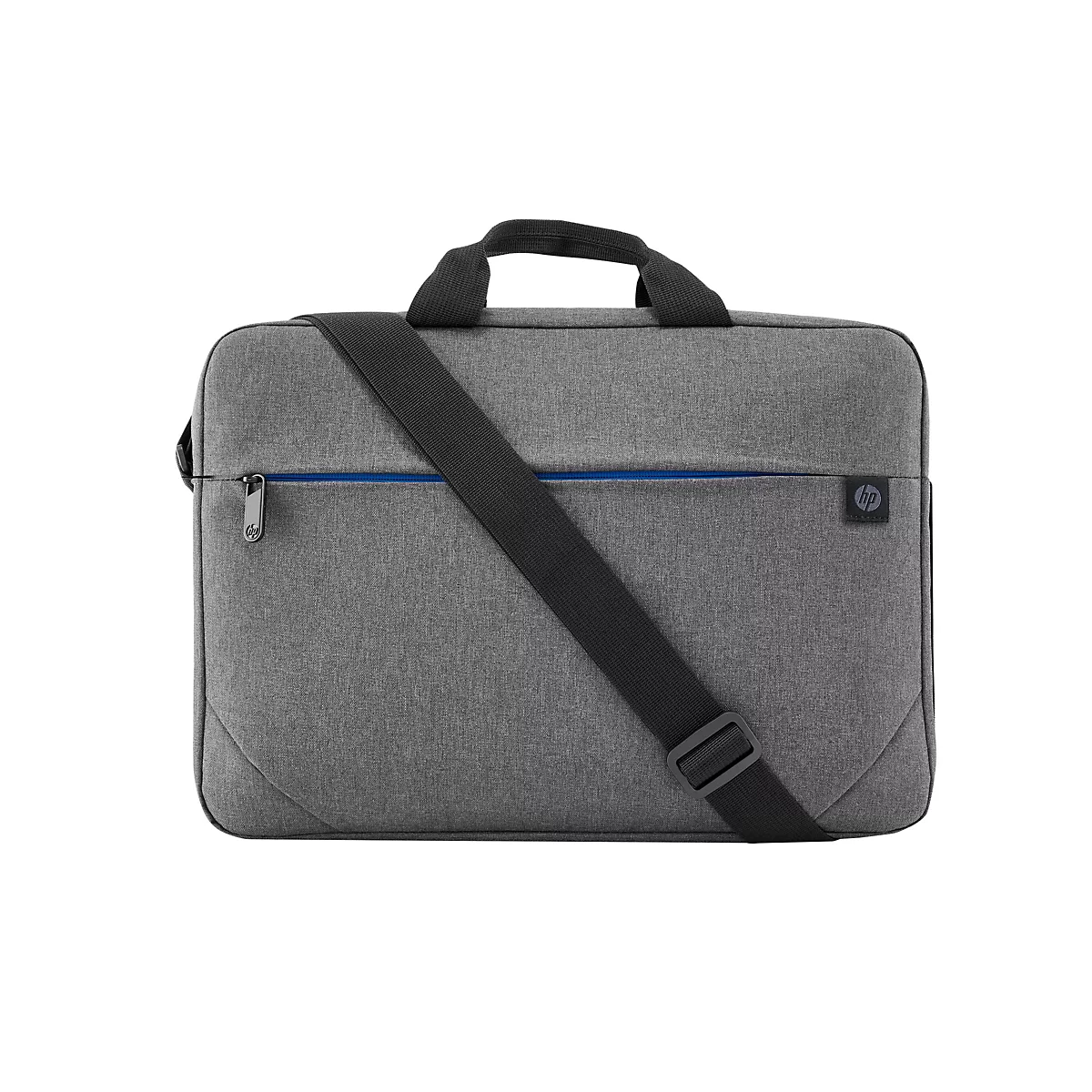 Graue Laptoptasche mit schwarzem Gurt und Tragegriff, blauem Reißverschluss und HP-Logo.