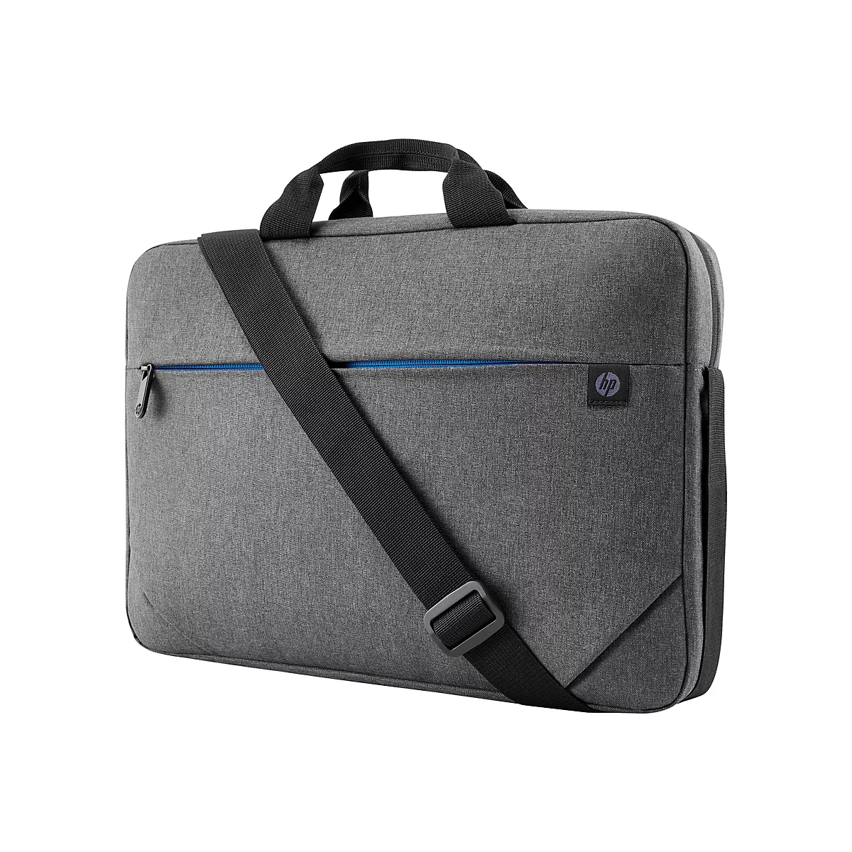 Graue Laptoptasche mit schwarzem Schultergurt, blauem Reißverschluss und HP-Logo.
