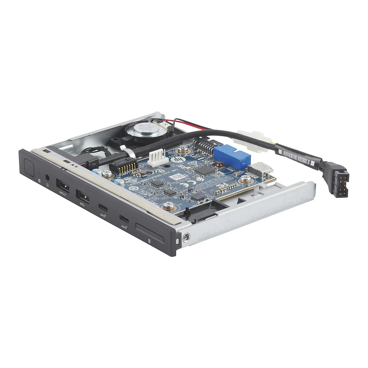 Ein schmales HP I/O-Modul aus Metall mit USB- und Audioanschlüssen sowie einem internen Lautsprecher auf weißem Grund.