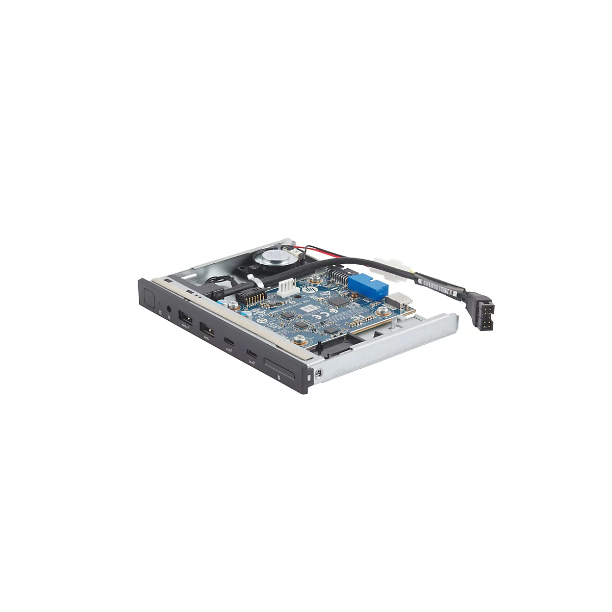 Ein internes HP Computer-Einschubmodul mit Anschlüssen und Platinen auf einem Metallrahmen vor weißem Hintergrund.