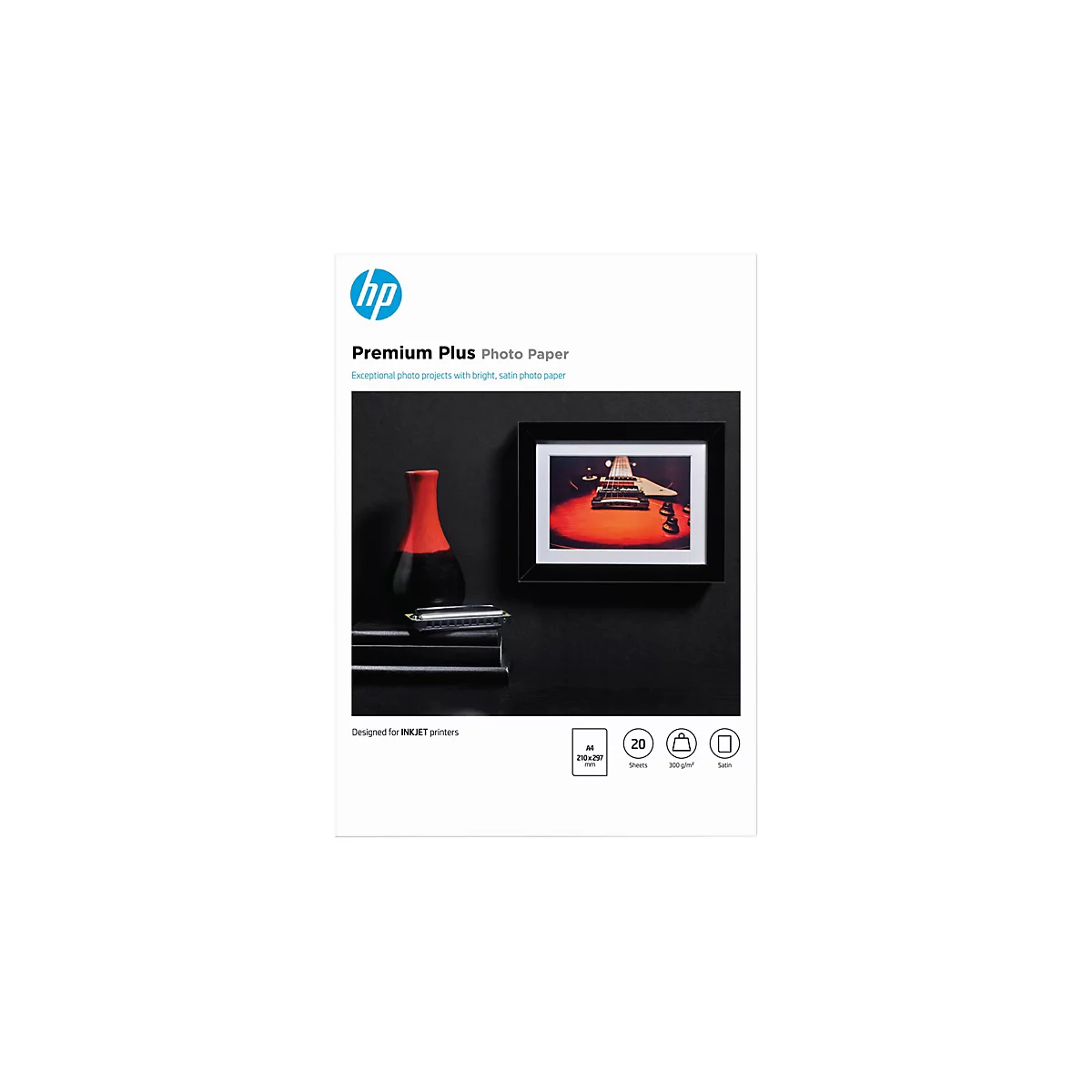 Produktverpackung HP Premium Plus Fotopapier A4 im Querformat mit Gitarrenbild-Aufdruck.