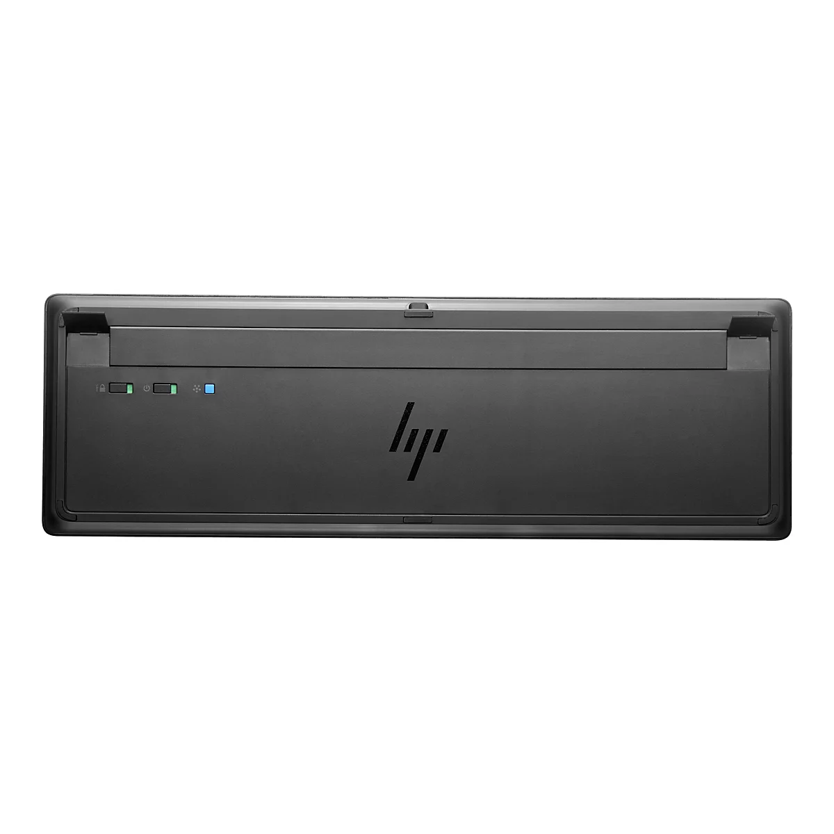 Rückseite einer schwarzen HP Tastatur mit Statusleuchten vor weißem Hintergrund.