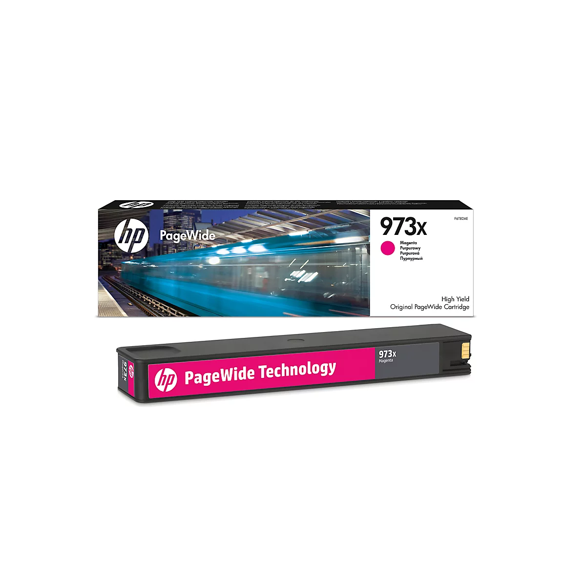 Een HP PageWide 973x magenta inktcartridge. Verpakking met treinmotief en cartridge body op een witte achtergrond.