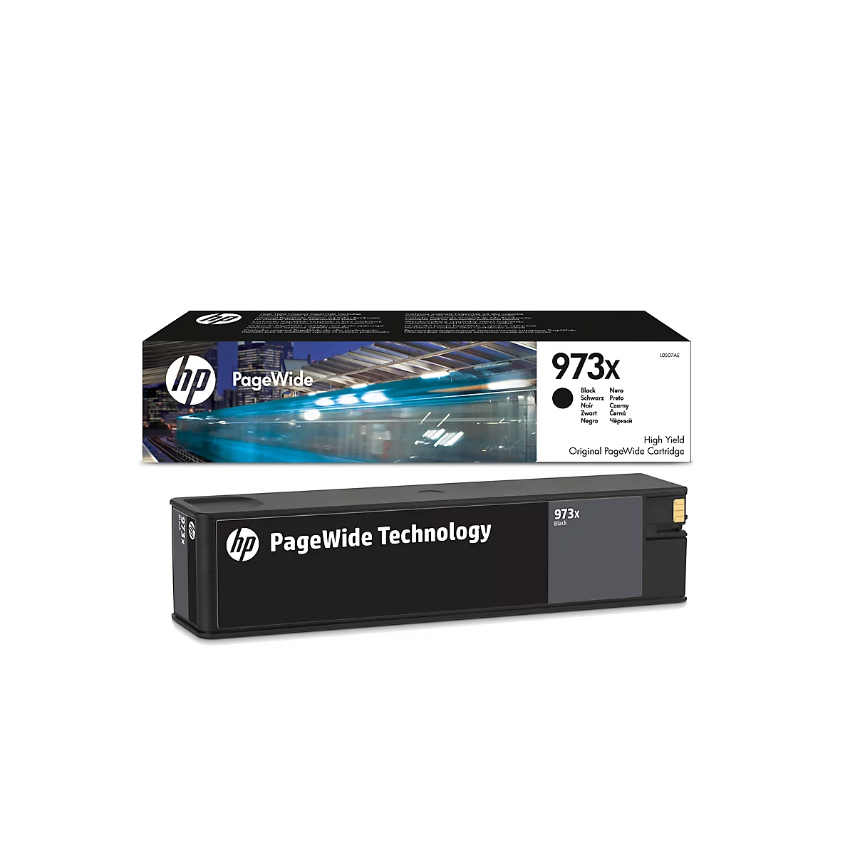Zwarte HP 973x inktcartridge op witte achtergrond. Verpakking toont productnaam en HP logo.