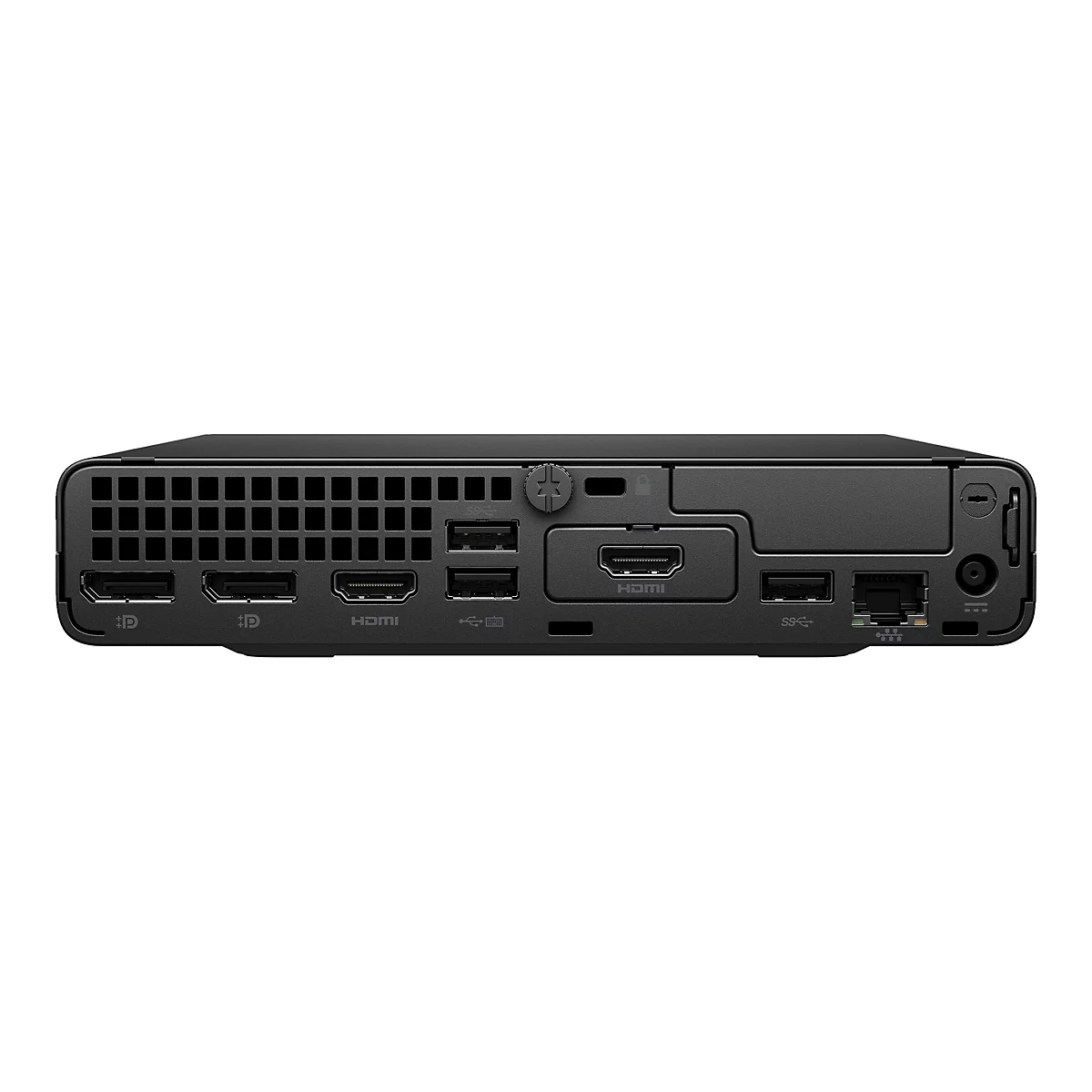 RÃ¼ckseite eines schwarzen Mini-PCs mit zahlreichen AnschlÃ¼ssen. HDMI, USB, Stromanschluss.