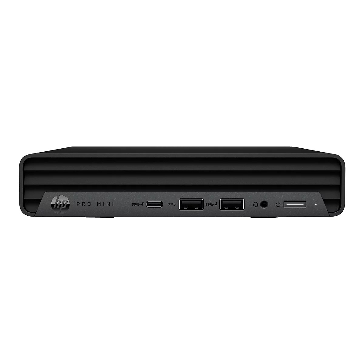 Schwarzer HP Pro Mini PC mit AnschlÃ¼ssen, HP Logo und Schriftzug.