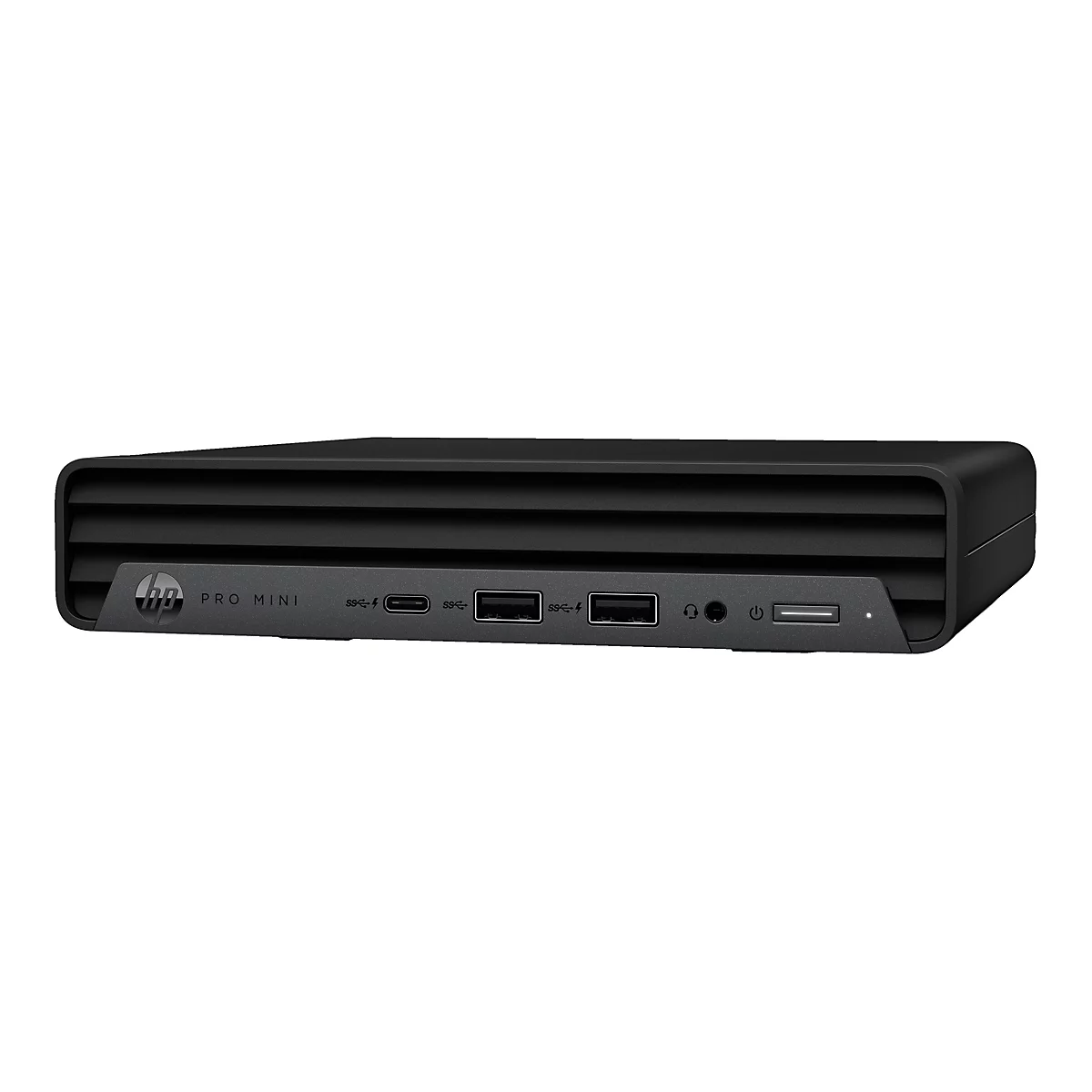 Ein schwarzer HP Pro Mini PC. Auf der Vorderseite befinden sich AnschlÃ¼sse und das HP Logo.