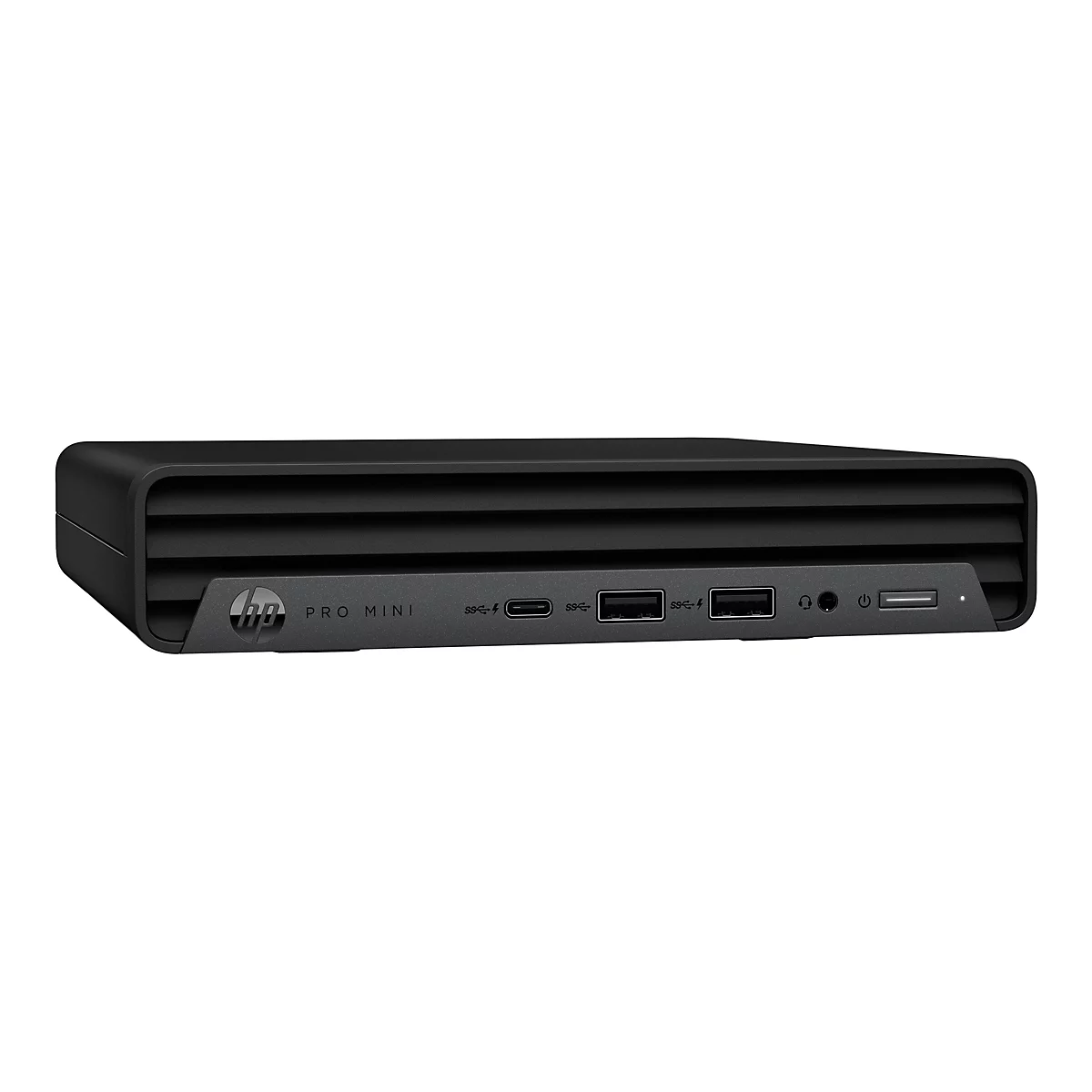 Schwarzer HP Pro Mini-Desktop-PC mit AnschlÃ¼ssen, Logo und Namen. Auf weiÃŸem Hintergrund.