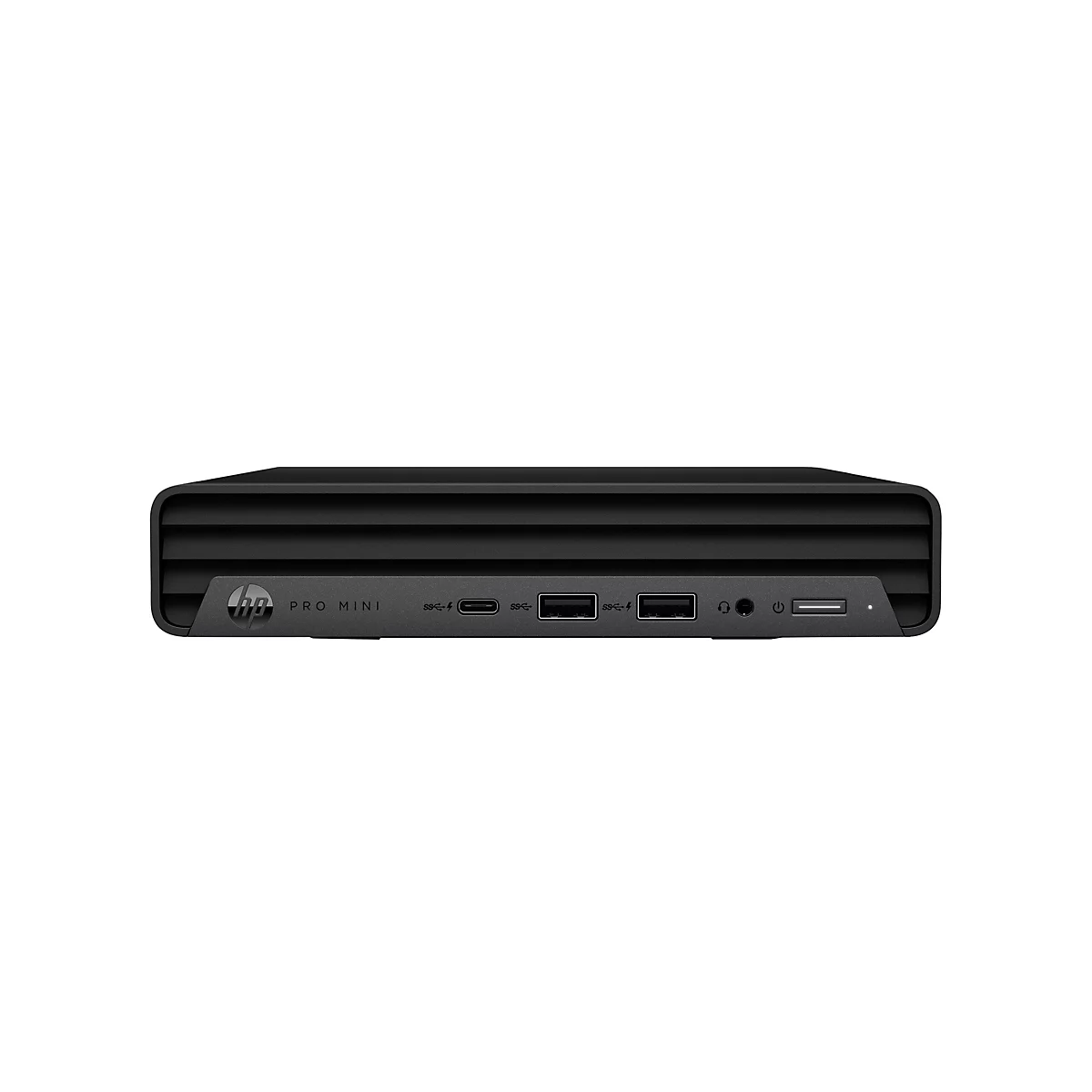 Schwarzer HP Pro Mini-Computer. Auf der Vorderseite befinden sich Anschlüsse und das HP Logo.