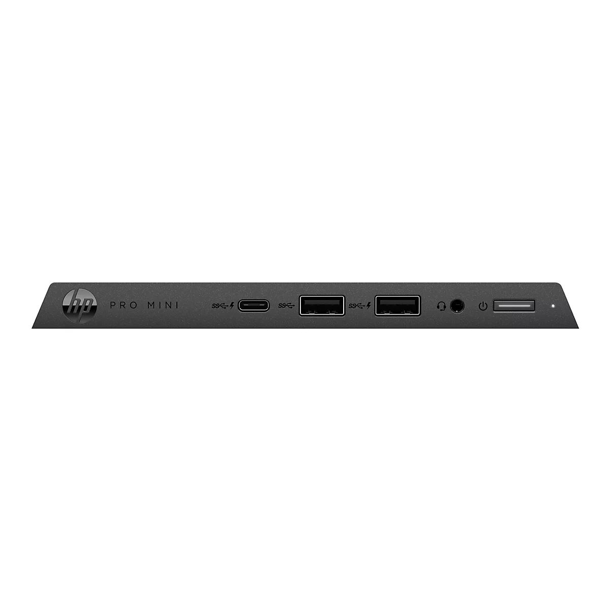 Nahaufnahme der Vorderseite eines schwarzen HP Pro Mini-Computers. Anschlüsse und Logo sind sichtbar.