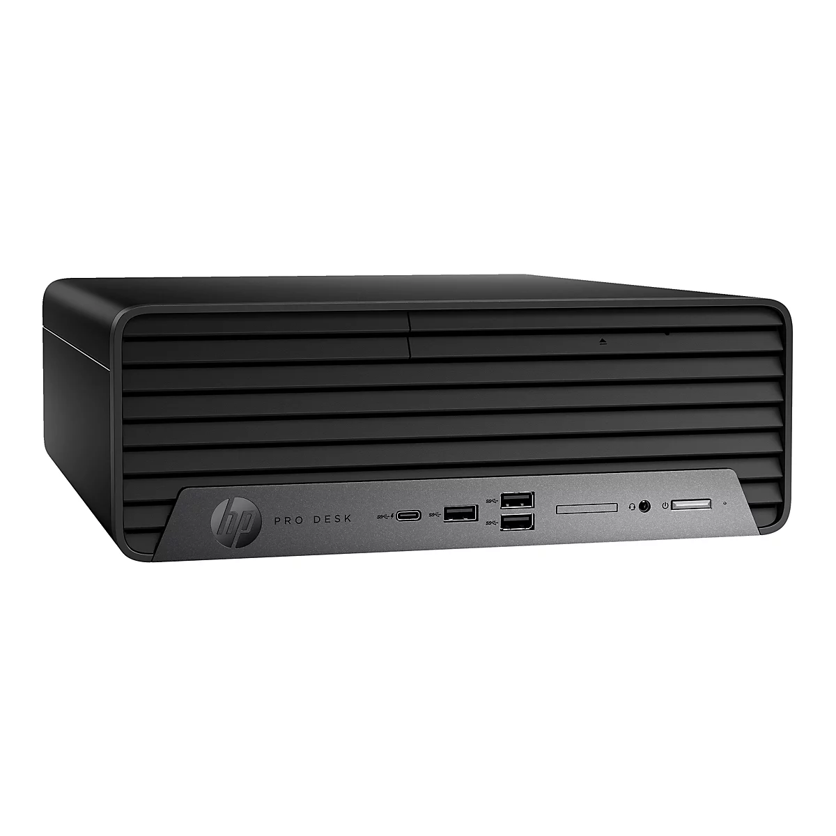 Schwarzer HP ProDesk Computer vor weißem Hintergrund. Das Gerät hat eine rechteckige Form, sichtbare Anschlüsse und das HP Logo.