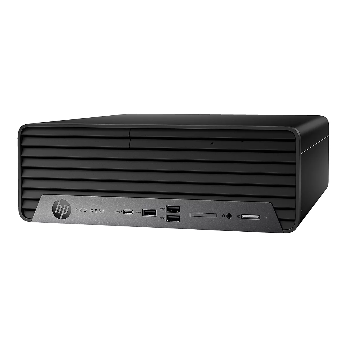 Schwarzer HP ProDesk-Computer, Frontansicht. Oben befinden sich Lüftungsschlitze, darunter das HP-Logo und Anschlüsse.