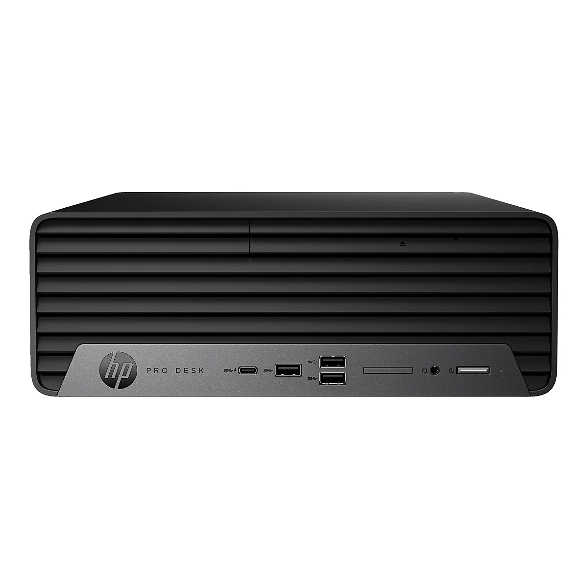 Schwarzer HP ProDesk Desktop-Computer. Vorderseite mit horizontalen Lüftungsschlitzen, HP-Logo und Anschlüssen.