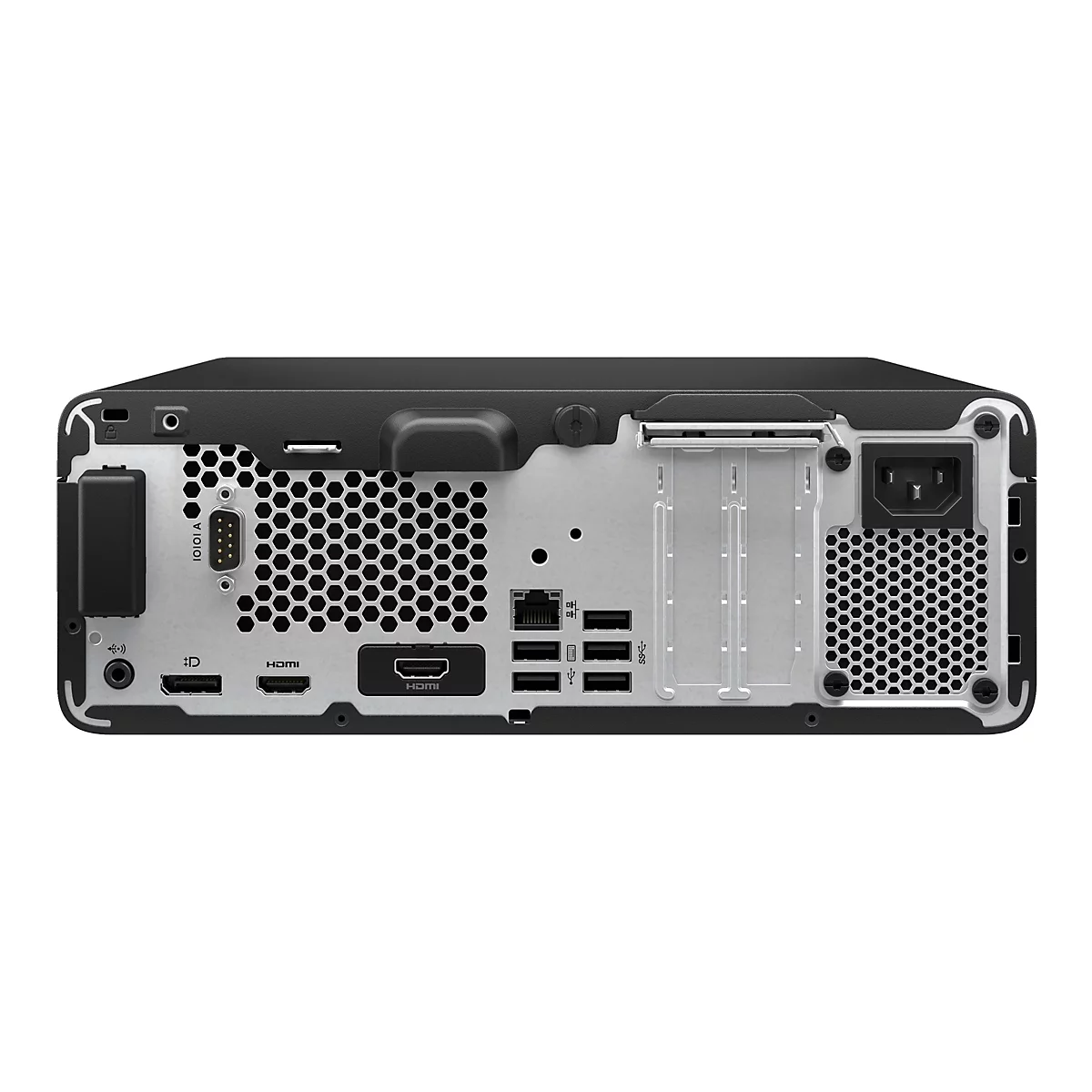 Rückseite eines schwarzen Computers: HDMI, USB, Netzwerkanschlüsse und Stromanschluss.