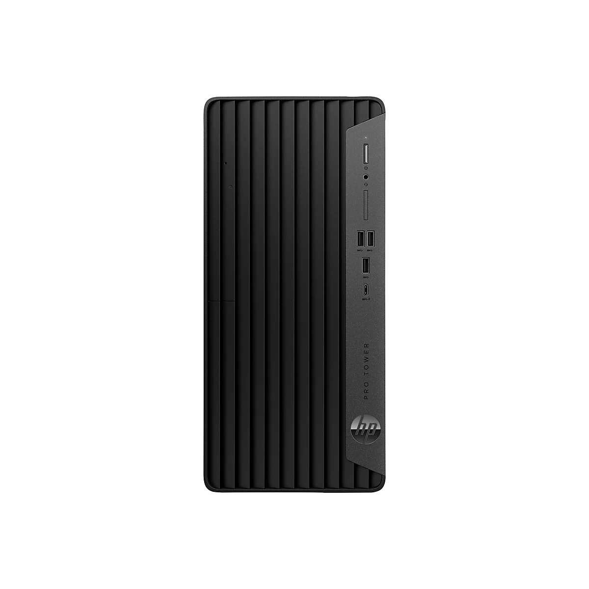 Schwarzer PC-Tower mit vertikalen Rippen und HP-Logo. Seitlich Anschlüsse, USB, Audio und SD-Kartenleser.