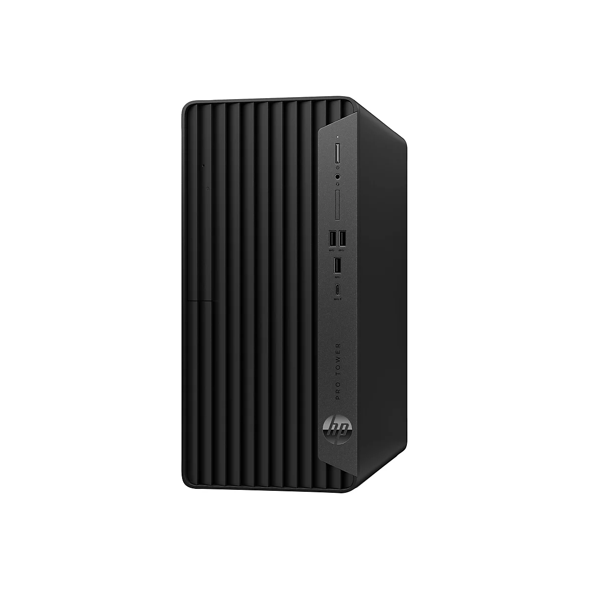 Schwarzer HP Pro Tower-PC vor weißem Hintergrund. Auf der Vorderseite sind Anschlüsse und das HP-Logo zu sehen.