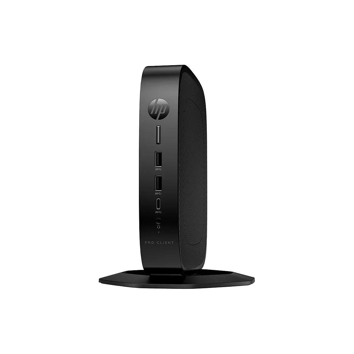 Schwarzer HP Pro Client Mini-PC mit HP Logo und Anschlüssen vor weißem Hintergrund.