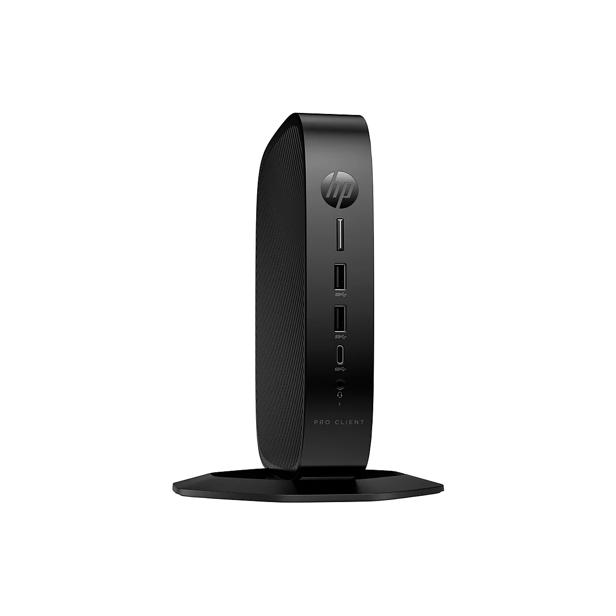 Schwarzer HP Pro Client PC, aufrecht stehend. Oben das HP Logo. Unten steht "Pro Client".