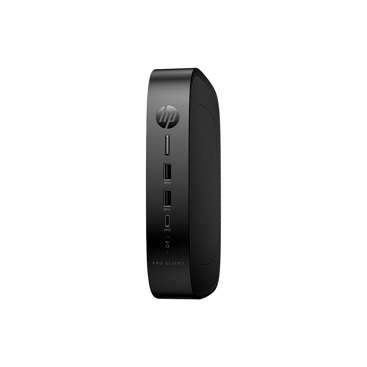 Schwarzer HP Pro Client Mini-PC mit Anschlüssen. Oben HP-Logo, darunter Anschlüsse für USB und Kopfhörer. Aufschrift: Pro Client.