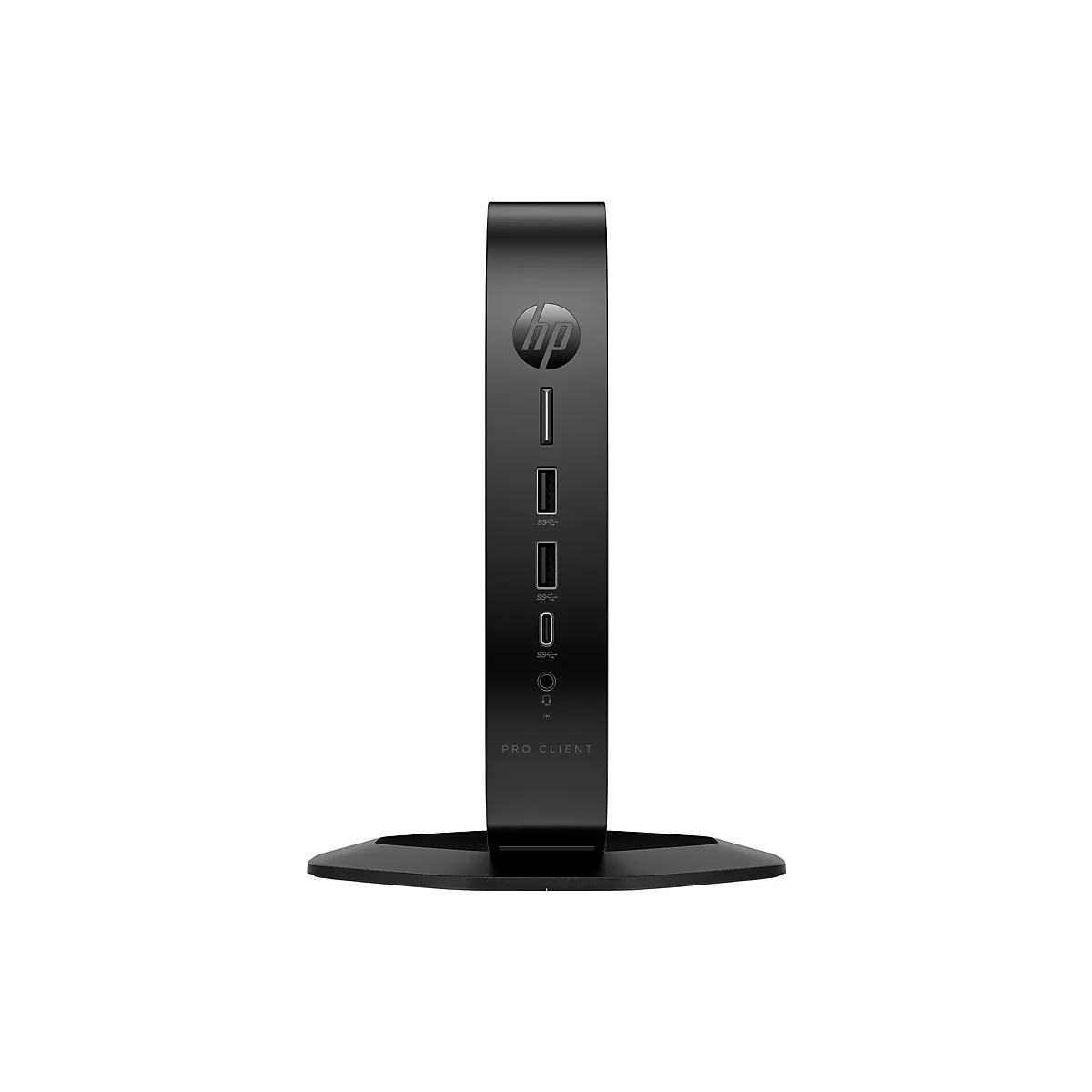 Schwarze HP Pro Client Dockingstation. Mit USB-Anschlüssen und Kopfhöreranschluss, auf einem weißen Hintergrund.