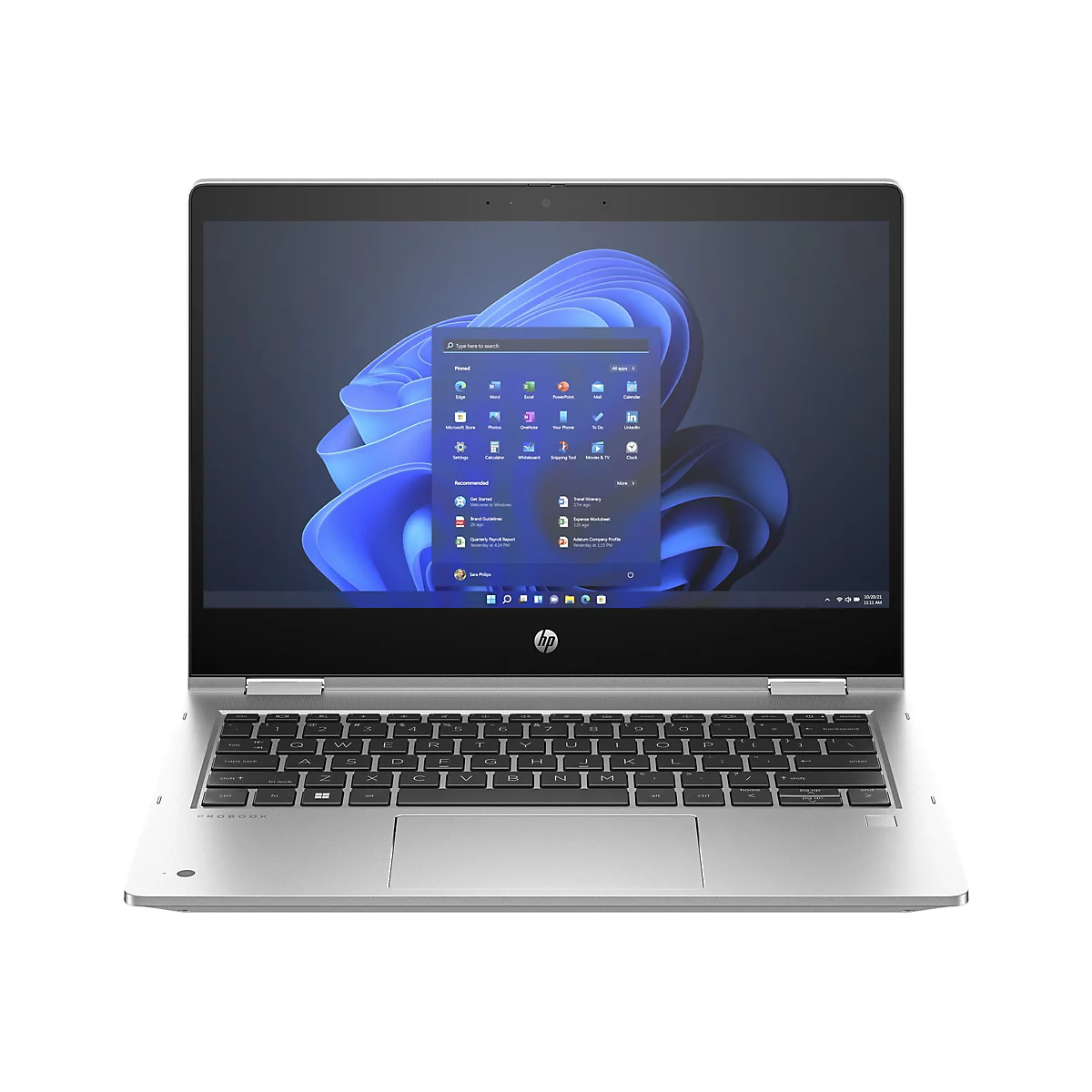 Ein silberfarbenes HP ProBook-Laptop, der geöffnet auf einem weißen Hintergrund liegt. Das Display zeigt den Windows 11-Startbildschirm. Die Tastatur ist schwarz mit weißen Buchstaben.
