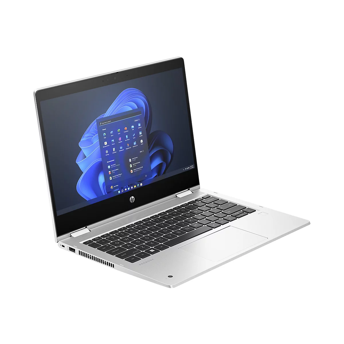 Ein silberfarbenes HP ProBook Laptop, geöffnet, mit Windows-Startbildschirm, auf weißem Hintergrund.