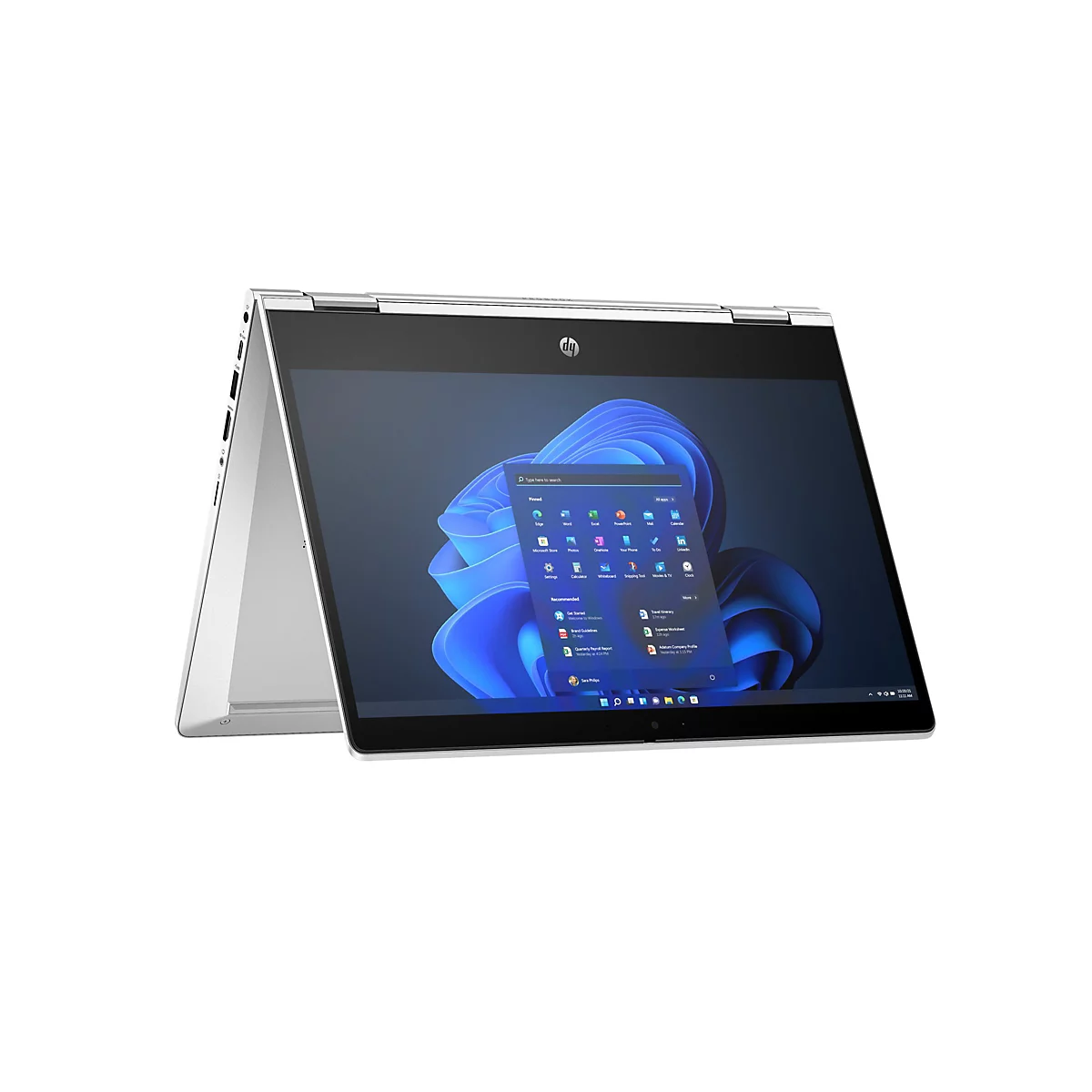 Ein silberner HP Laptop auf weißem Hintergrund, geöffnet. Auf dem Bildschirm ist das Windows-Startmenü mit App-Symbolen zu sehen.